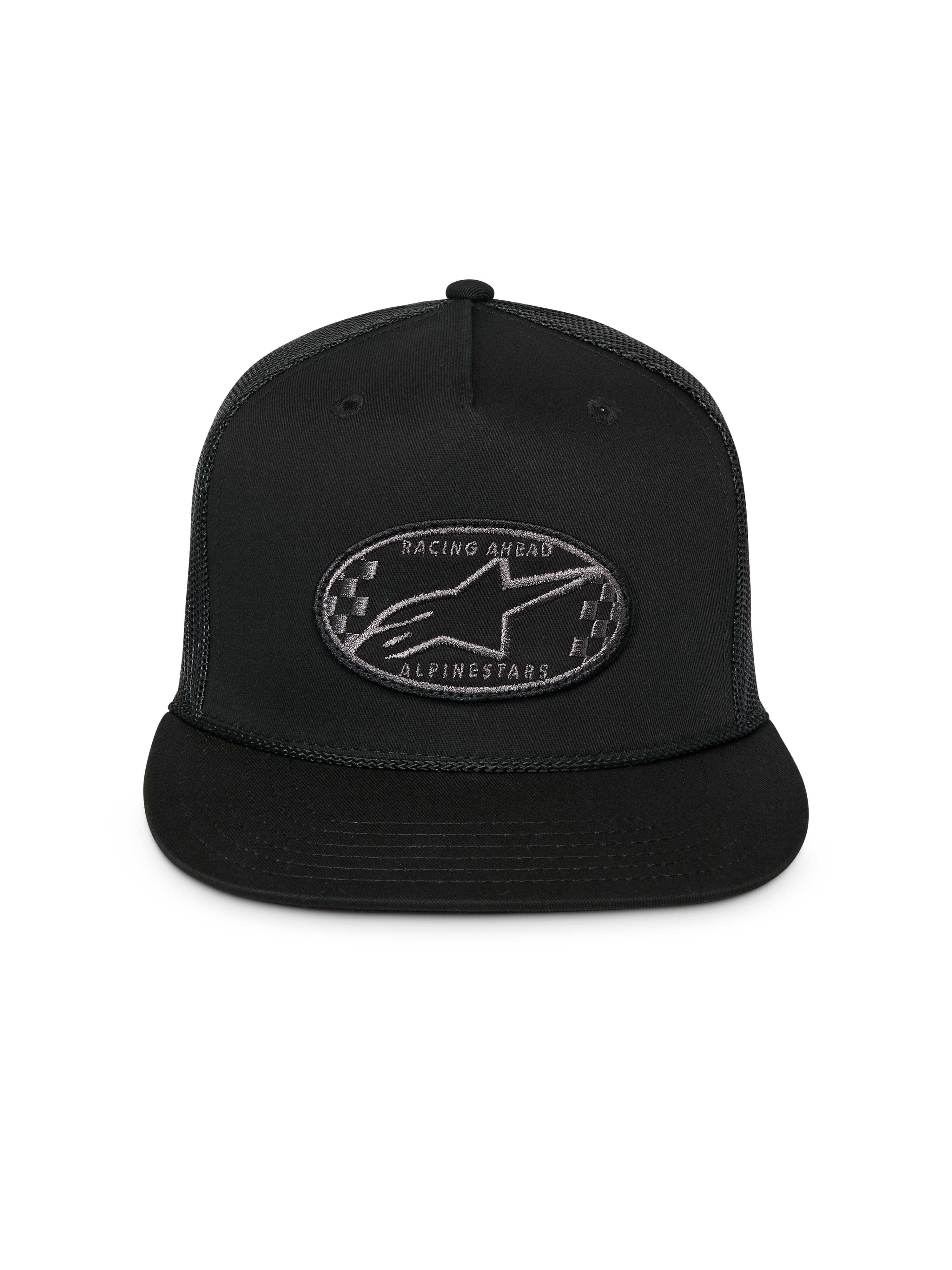 Gorra Alpinestars Contender Trucker, negra, gorra snapback estructurada con visera plana, parche bordado ovalado con logo Astars y diseño de cuadros en la parte delantera, panel de malla trasera, accesorio de ropa deportiva casual