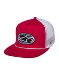 Alpinestars Contender Trucker Hat, Red and White, Flat bill snapback featuring a front oval checkered Astars embroidery patch, white poly mesh back, casual motorsport streetwear
