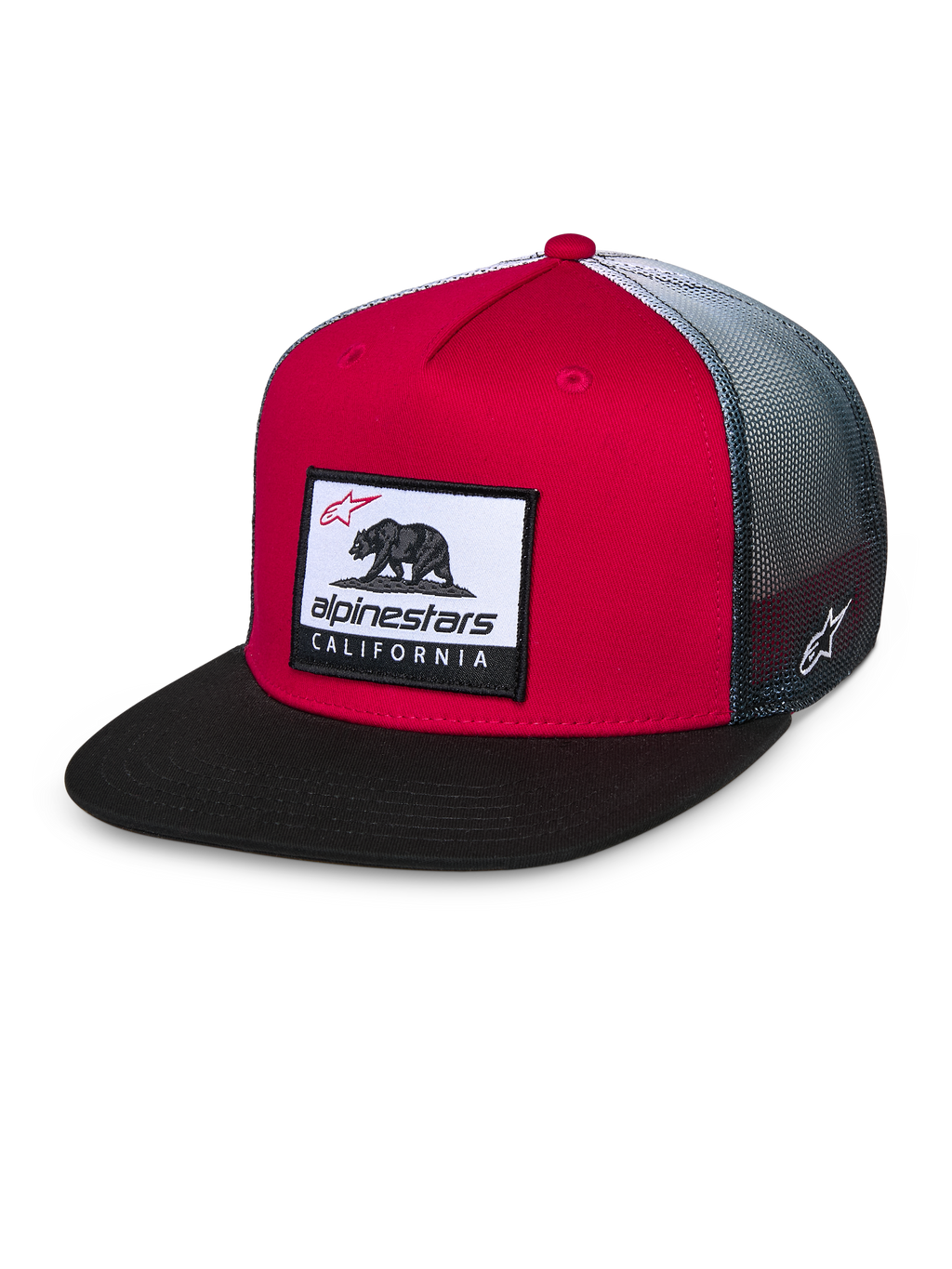 Gorra Alpinestars Cali Gradient Trucker, roja, negra y blanca, corona roja estructurada con visera plana negra, parte trasera de malla en degradado gris, con parche tejido de Cali Bear y bordado del logo lateral, gorra casual de estilo motorsport