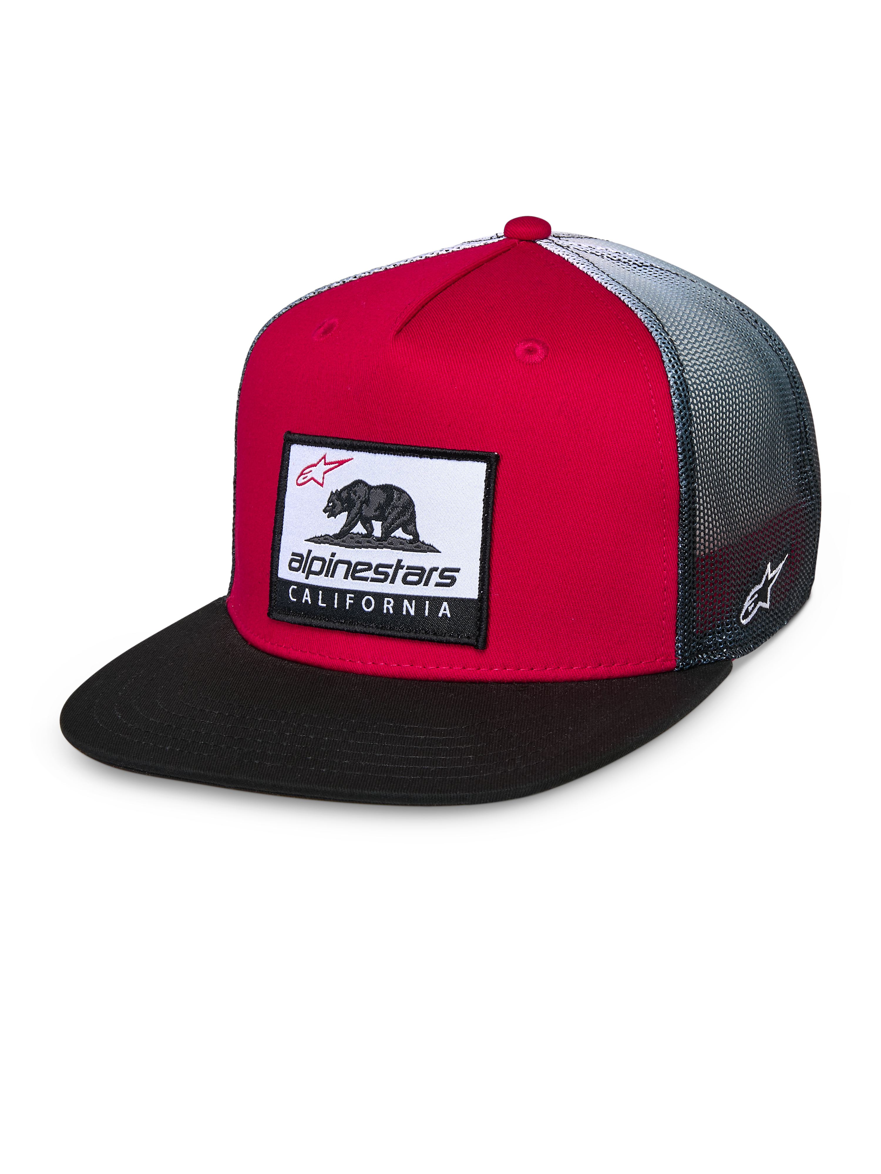 Gorra Alpinestars Cali Gradient Trucker, roja, negra y blanca, corona roja estructurada con visera plana negra, parte trasera de malla en degradado gris, con parche tejido de Cali Bear y bordado del logo lateral, gorra casual de estilo motorsport