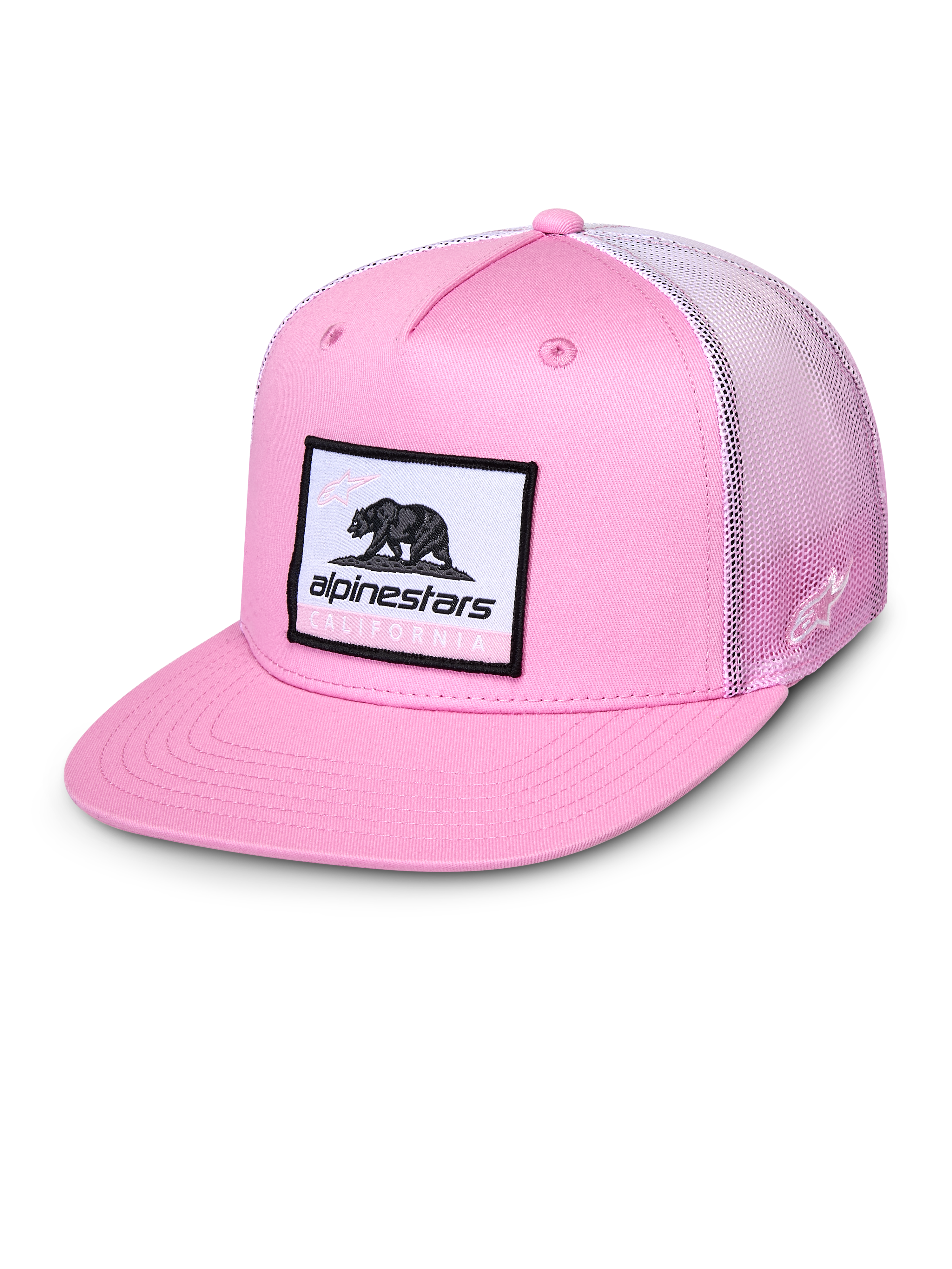 Gorra Alpinestars Cali Gradient Trucker, rosa y blanca, gorra de visera plana con parche tejido Cali Bear, frontal de sarga rosa y parte trasera de malla en degradado, accesorio de sportswear casual