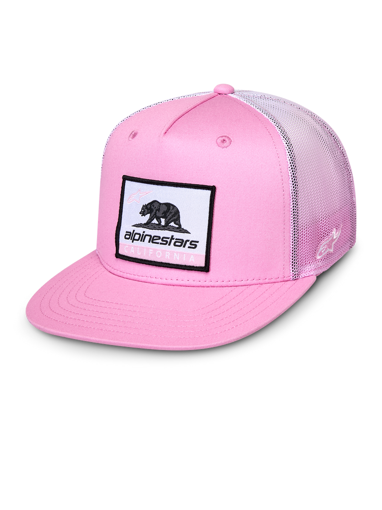 Gorra Alpinestars Cali Gradient Trucker, rosa y blanca, gorra de visera plana con parche tejido Cali Bear, frontal de sarga rosa y parte trasera de malla en degradado, accesorio de sportswear casual