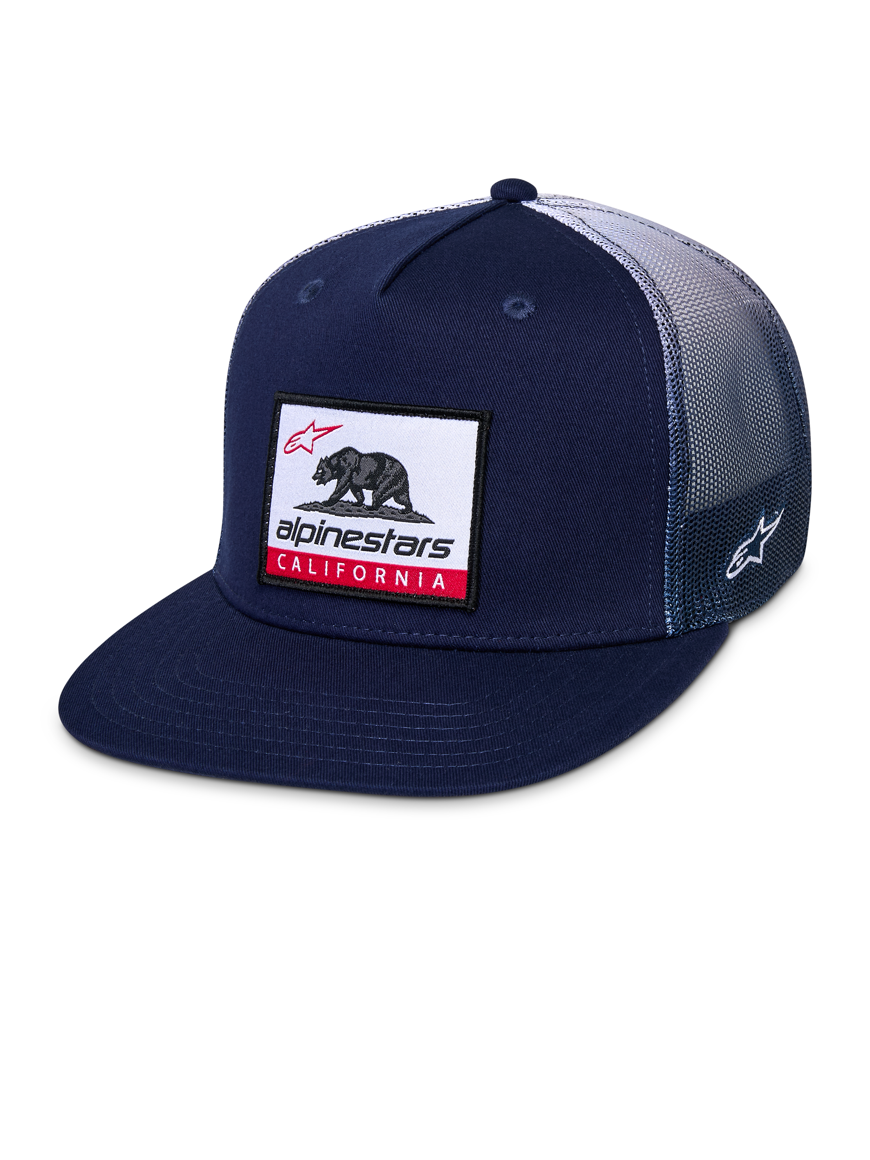 Gorra Alpinestars Cali Gradient Trucker, estilo snapback, azul marino y blanco, con visera plana, parche tejido del oso de California en el frente, malla trasera de poliéster en degradado y logo Astars bordado en el lateral