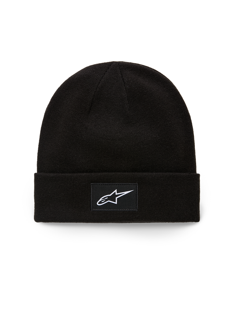 Alpinestars Augment Cuff Beanie, Knit Jersey Stitch Beanie, Black, featuring a woven patch with white Astars logo on the front cuff, casual motorsport streetwear