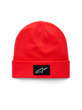 Alpinestars Augment Cuff Beanie, Bright Red cuffed knit beanie, featuring a black woven patch with a white Astars logo, casual sportswear