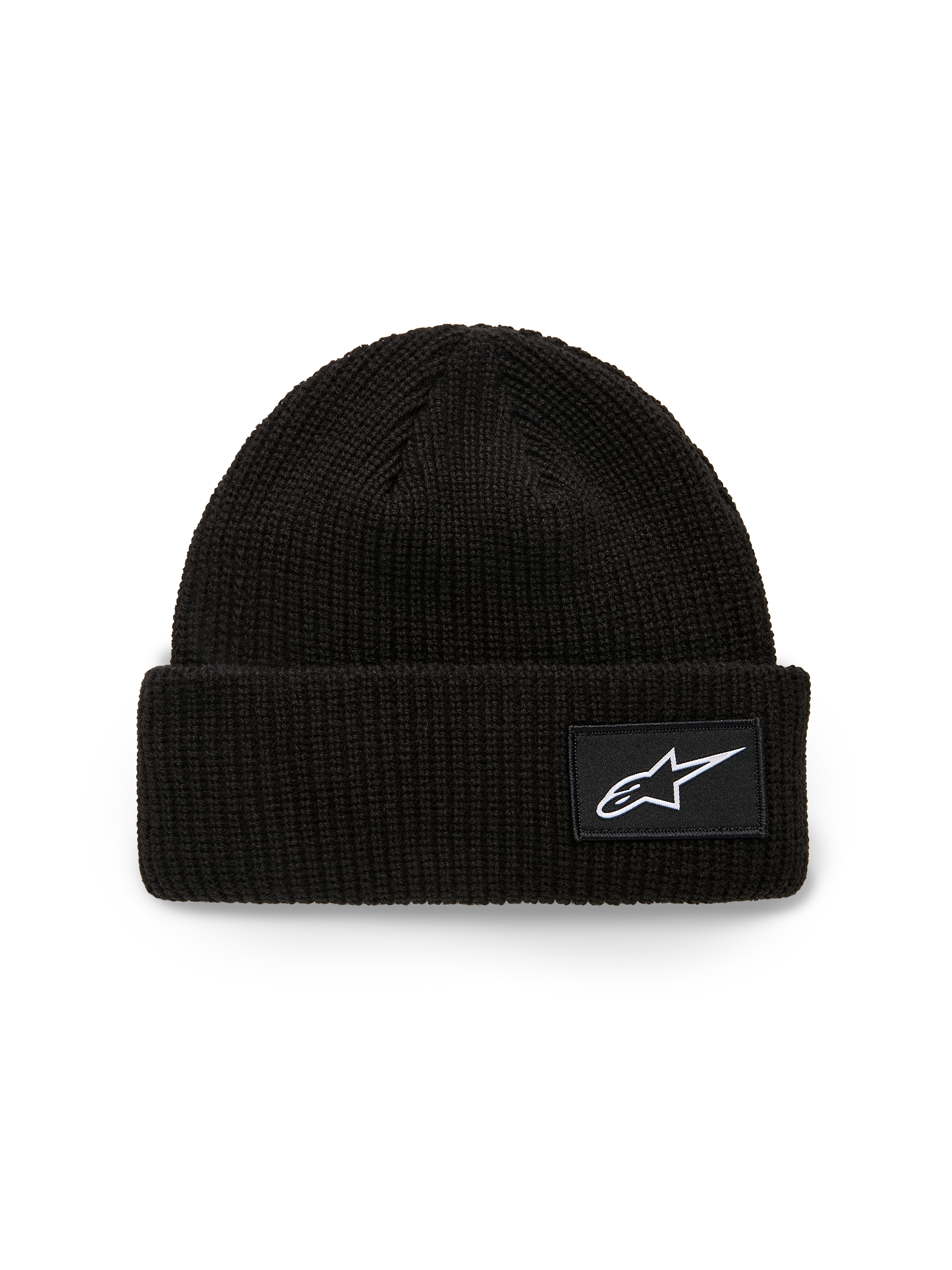 Alpinestars Unload Rib Cuff Beanie, gorro de punto, negro, con dobladillo acanalado y parche tejido con el logo de Astars en blanco, ajuste corto y estilo deportivo casual