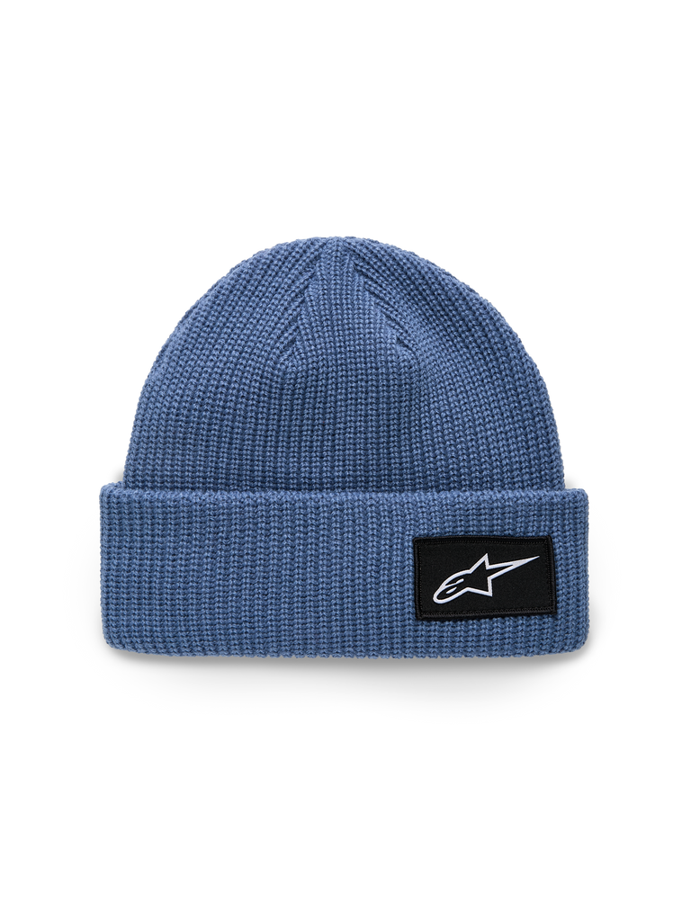 Alpinestars Unload Rib Cuff Beanie, gorro de punto en color azul, construcción de punto jersey tejido, ajuste poco profundo con dobladillo doblado, parche tejido negro con el logotipo de Astars en blanco, accesorio casual de sportswear