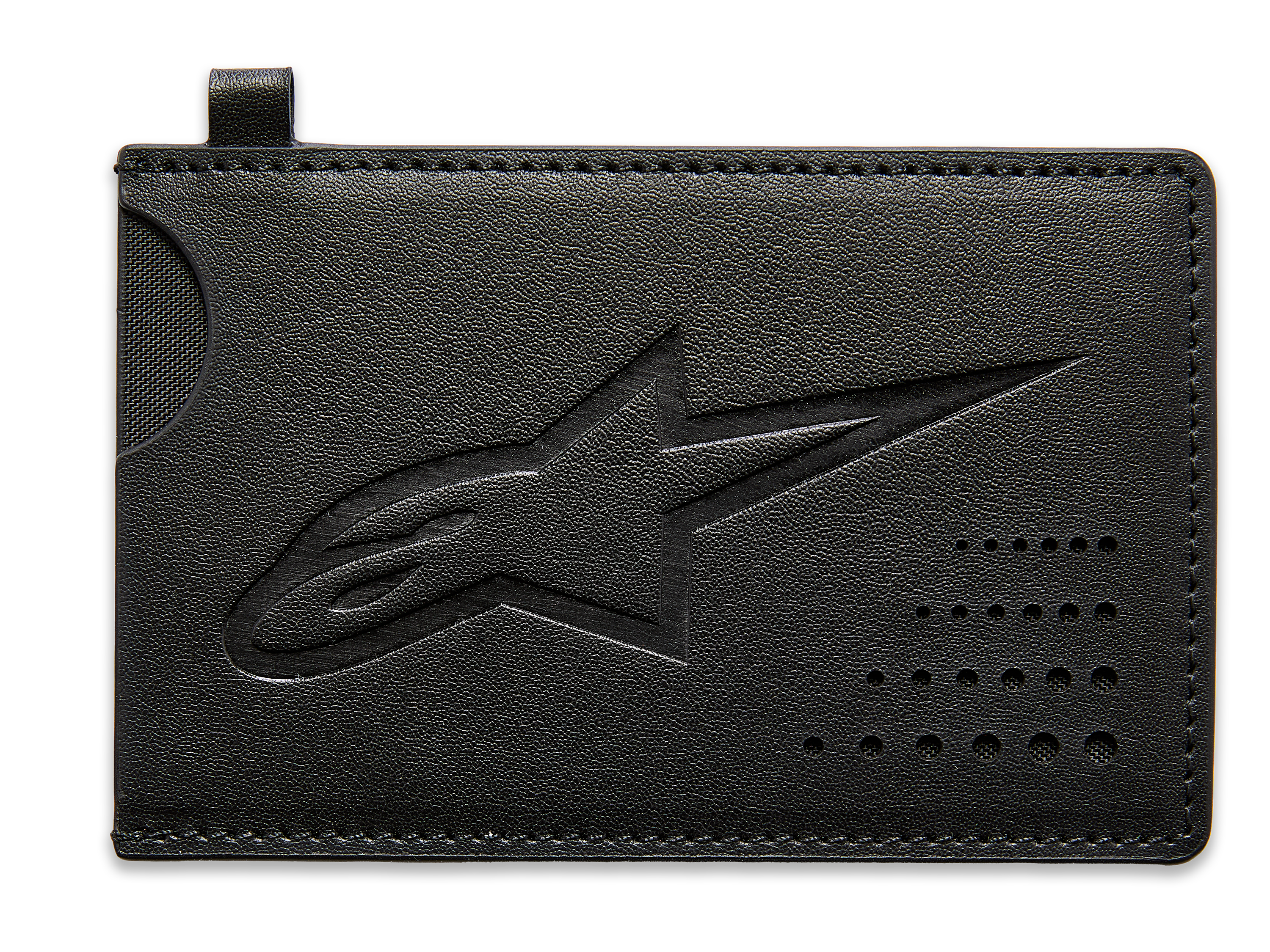 Alpinestars Ageless Credit Card Holder, tarjetero de cuero dividido negro, logotipo Astars en relieve, muesca curva para facilitar la extracción de tarjetas, detalle de puntos perforados, accesorio delgado de inspiración motorsport