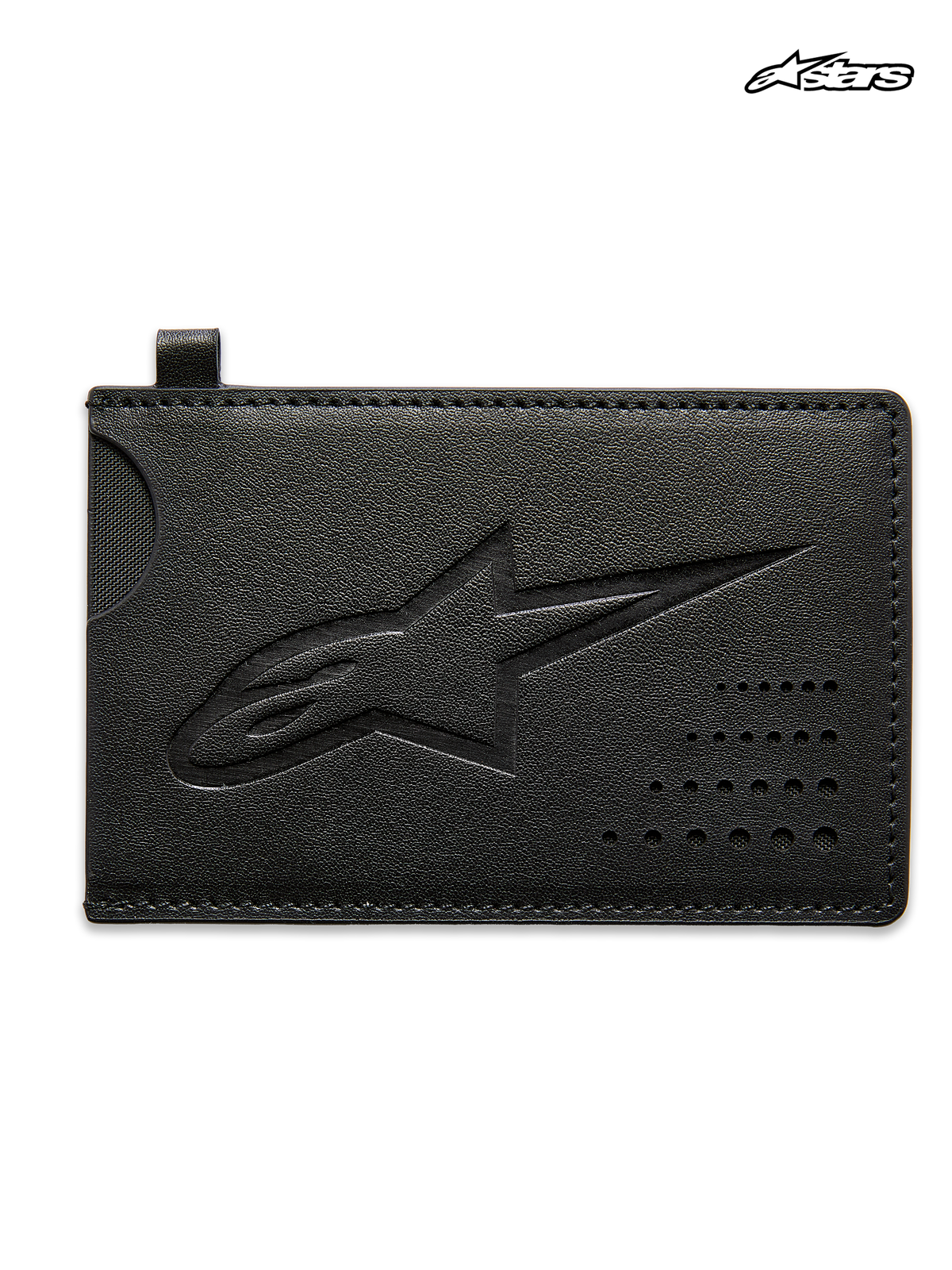Alpinestars Portador De Tarjetas De Crédito Ageless, tarjetero de cuero dividido para hombre y mujer, negro, con logotipo Astars en relieve y bolsillo con muesca curva