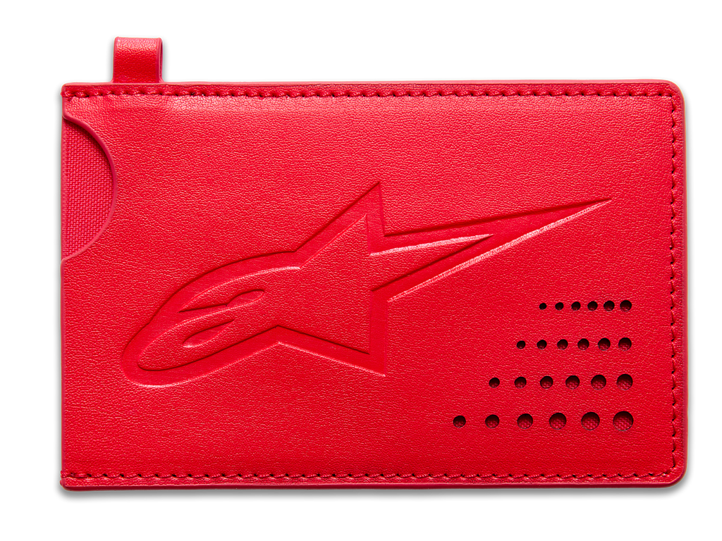 Portador de tarjetas de crédito Alpinestars Ageless, cartera de cuero rojo con logotipo en relieve y muesca de acceso
