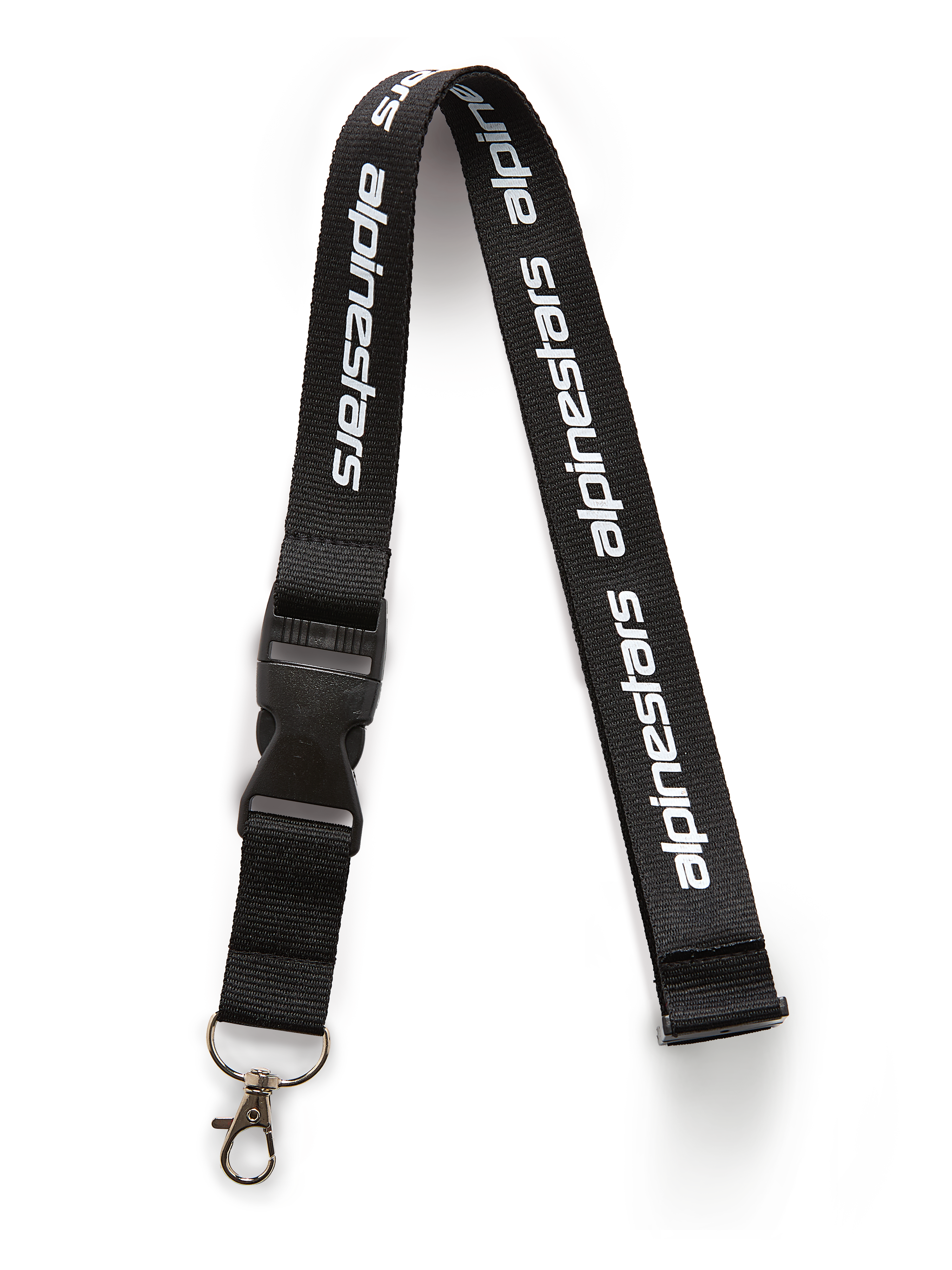 Lanyard Linear de Alpinestars, negro y blanco, correa negra con el logotipo de palabra Alpinestars impreso en blanco, con hebilla de liberación rápida de plástico negro y un gancho giratorio de metal, accesorio de ropa deportiva casual