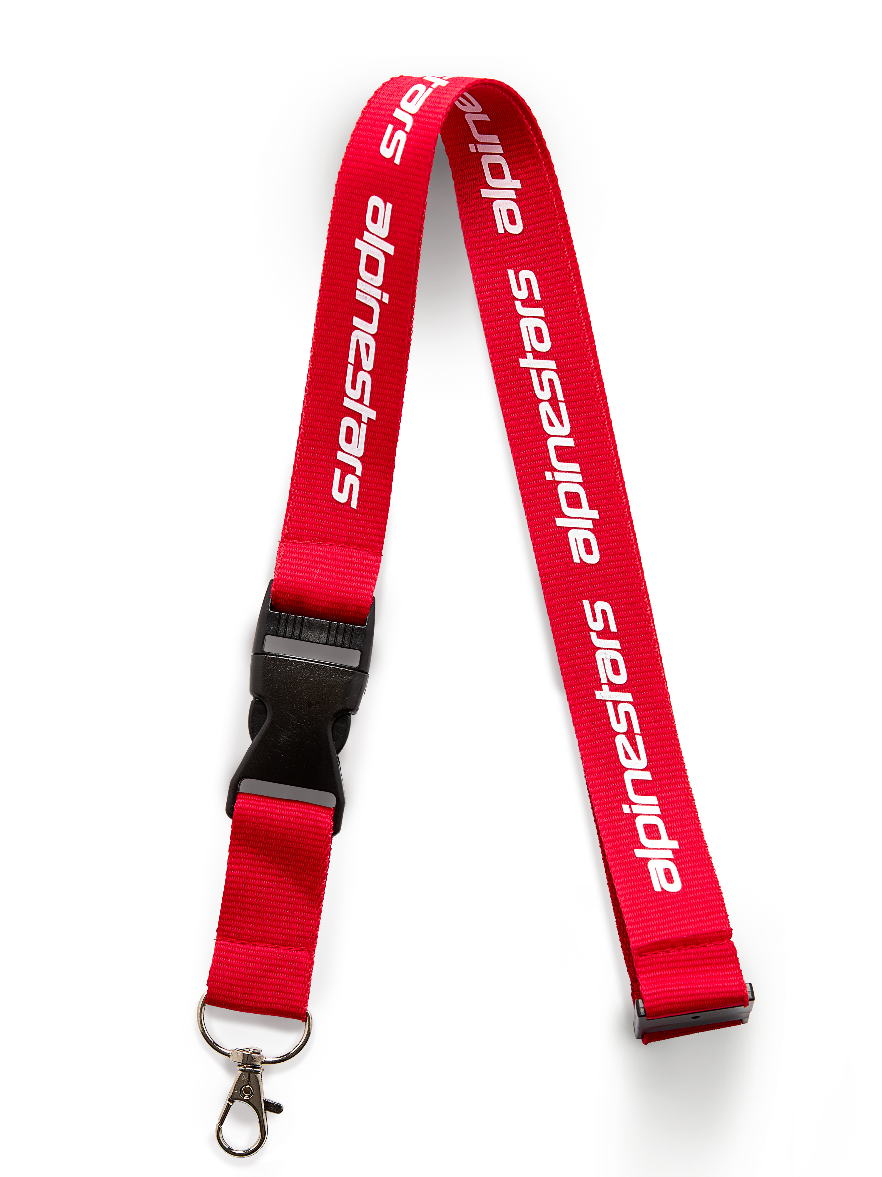 Lanyard Linear de Alpinestars, rojo y blanco, con el logotipo de palabra Alpinestars impreso, clip de liberación rápida negro y clip giratorio de metal desmontable, accesorio inspirado en el automovilismo