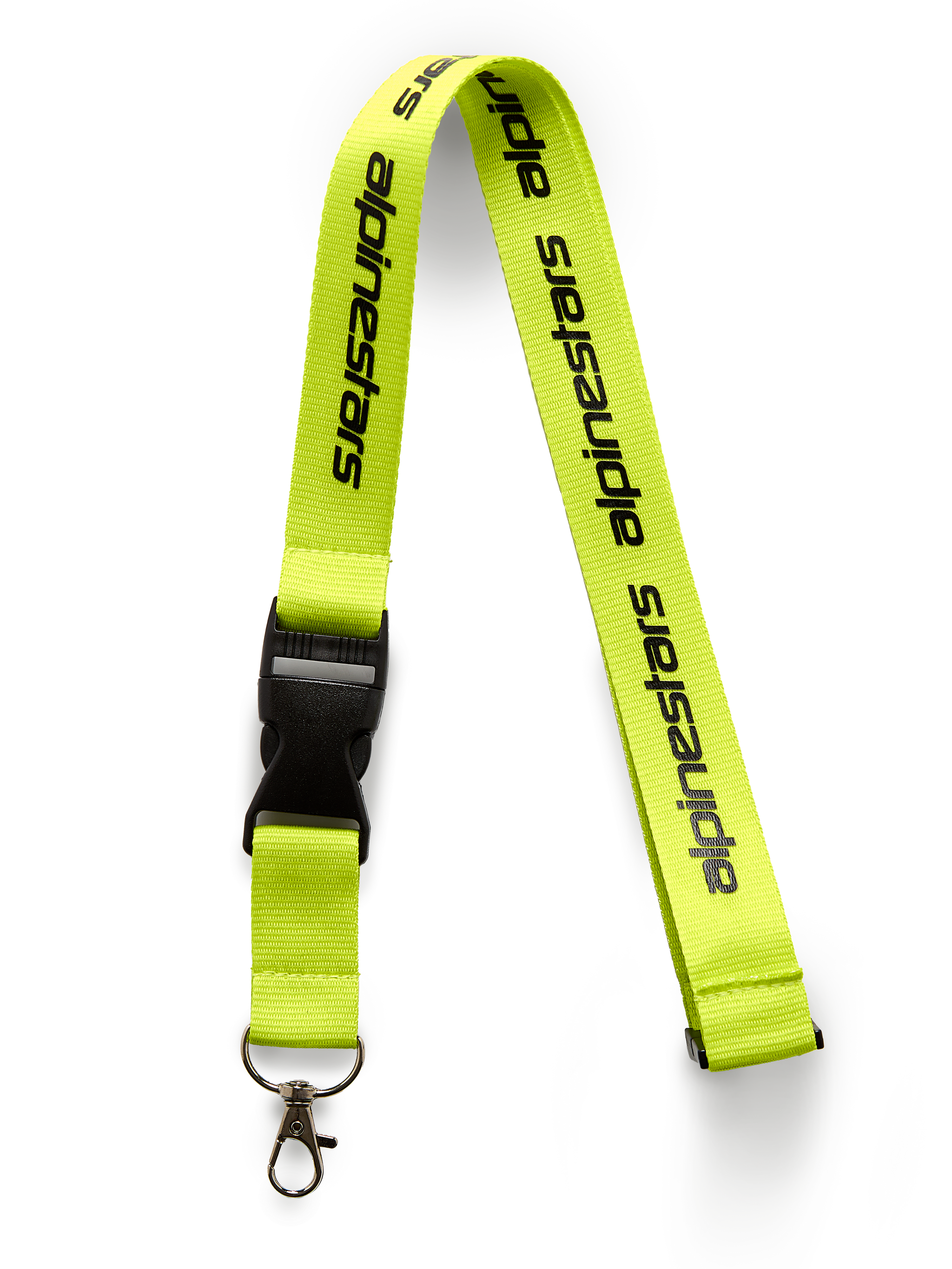 Alpinestars Linear Lanyard, Hi Vis Yellow with black printed logo, features a black breakaway plastic buckle and metal swivel clip, 20-inch polyester neck strap, motorsport-inspired accessory