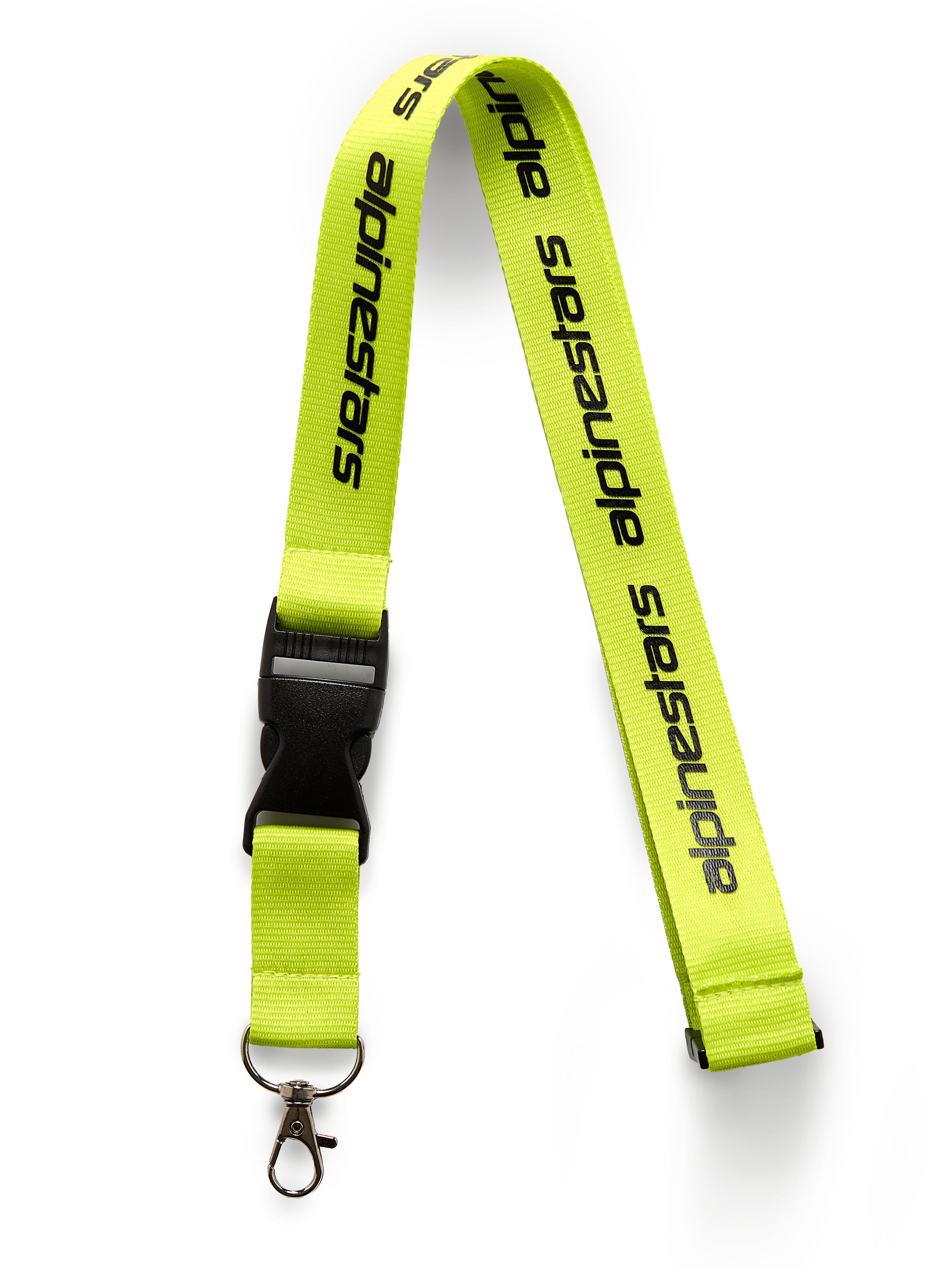 Lanyard Linear de Alpinestars, amarillo de alta visibilidad con logotipo negro impreso, cuenta con hebilla de plástico de liberación rápida y clip giratorio de metal, cinta para el cuello de poliéster de 20 pulgadas, accesorio inspirado en el automovilismo