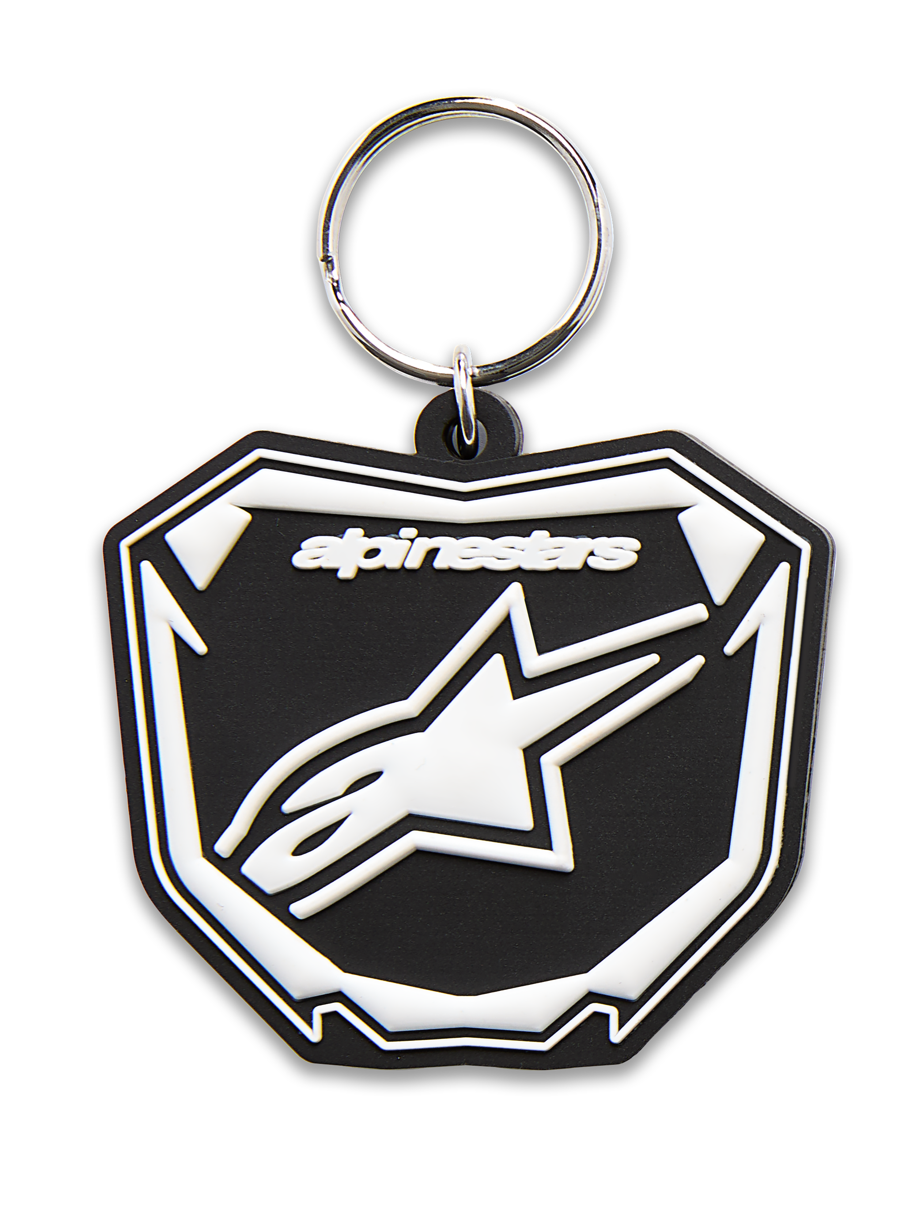 Alpinestars Plate Keyfob, llavero moldeado en 3D, negro y blanco, con gráfico de placa Astars MX, logo y texto en blanco, anillo de metal plateado, accesorio inspirado en el motorsport