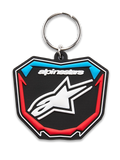 Alpinestars Plate Keyfob, llavero moldeado en 3D, negro, azul y rojo, diseño en forma de placa de motocross con logo de estrella blanco y anillo de metal, accesorio casual de motorsport