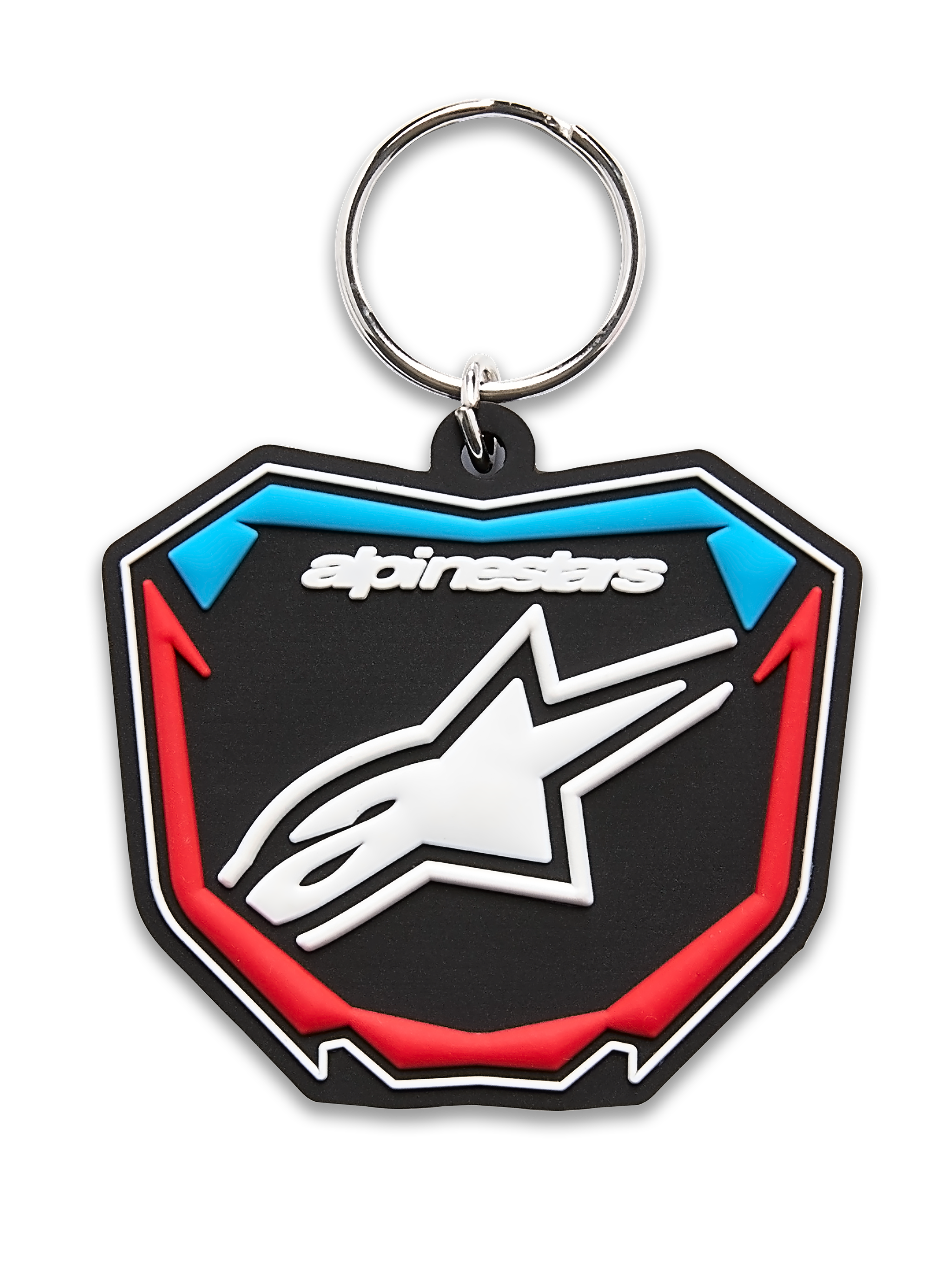 Alpinestars Plate Keyfob, llavero moldeado en 3D, negro, azul y rojo, diseño en forma de placa de motocross con logo de estrella blanco y anillo de metal, accesorio casual de motorsport