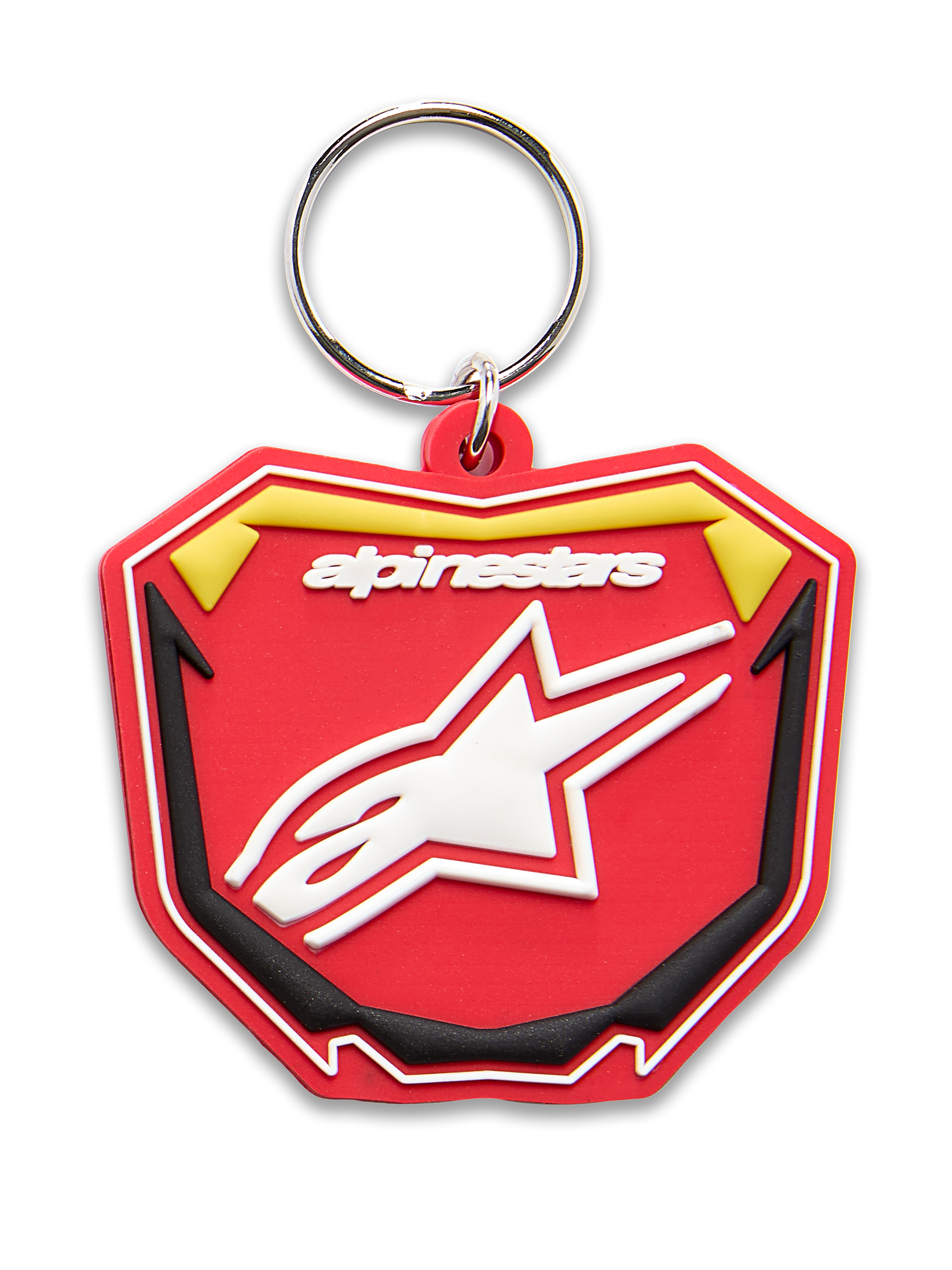 Alpinestars Plate Keyfob, llavero moldeado en 3D, rojo, amarillo y negro, logotipo de Alpinestars y símbolo de estrella Astars en blanco, anilla de metal plateado, diseño de placa de MX inspirado en el automovilismo