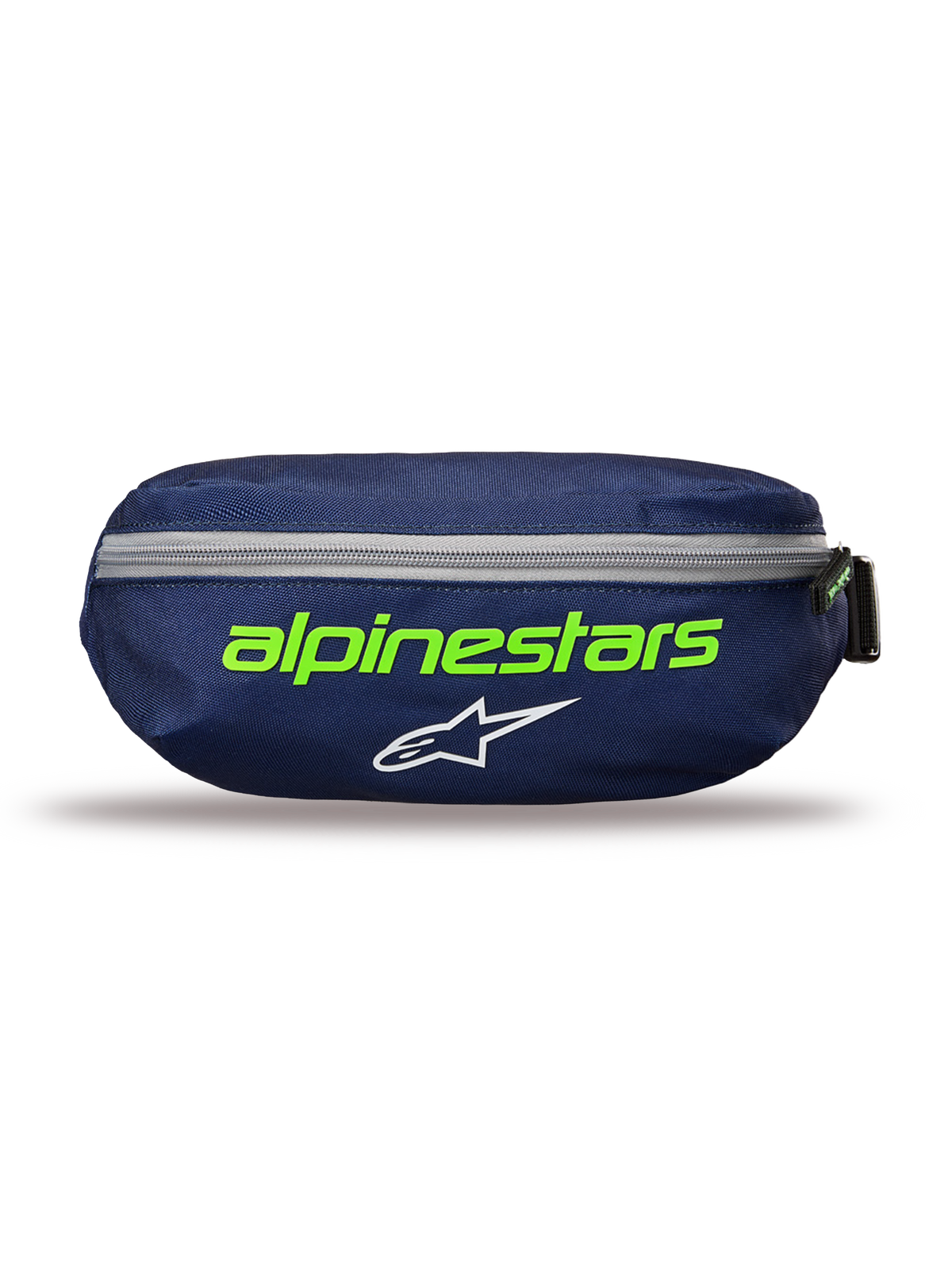 Riñonera Alpinestars Only Linear, color Navy Green, azul oscuro con texto Alpinestars en verde brillante y logotipo de estrella blanco, cremallera horizontal gris, construcción de poliéster duradero, accesorio compacto para uso diario.