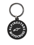 Llavero Alpinestars MX Keyfob, llavero circular moldeado en 3D, negro con gráficos blancos de Alpinestars Motocross y el logo de la estrella, anillo de cierre de metal plateado, accesorio duradero para uso diario