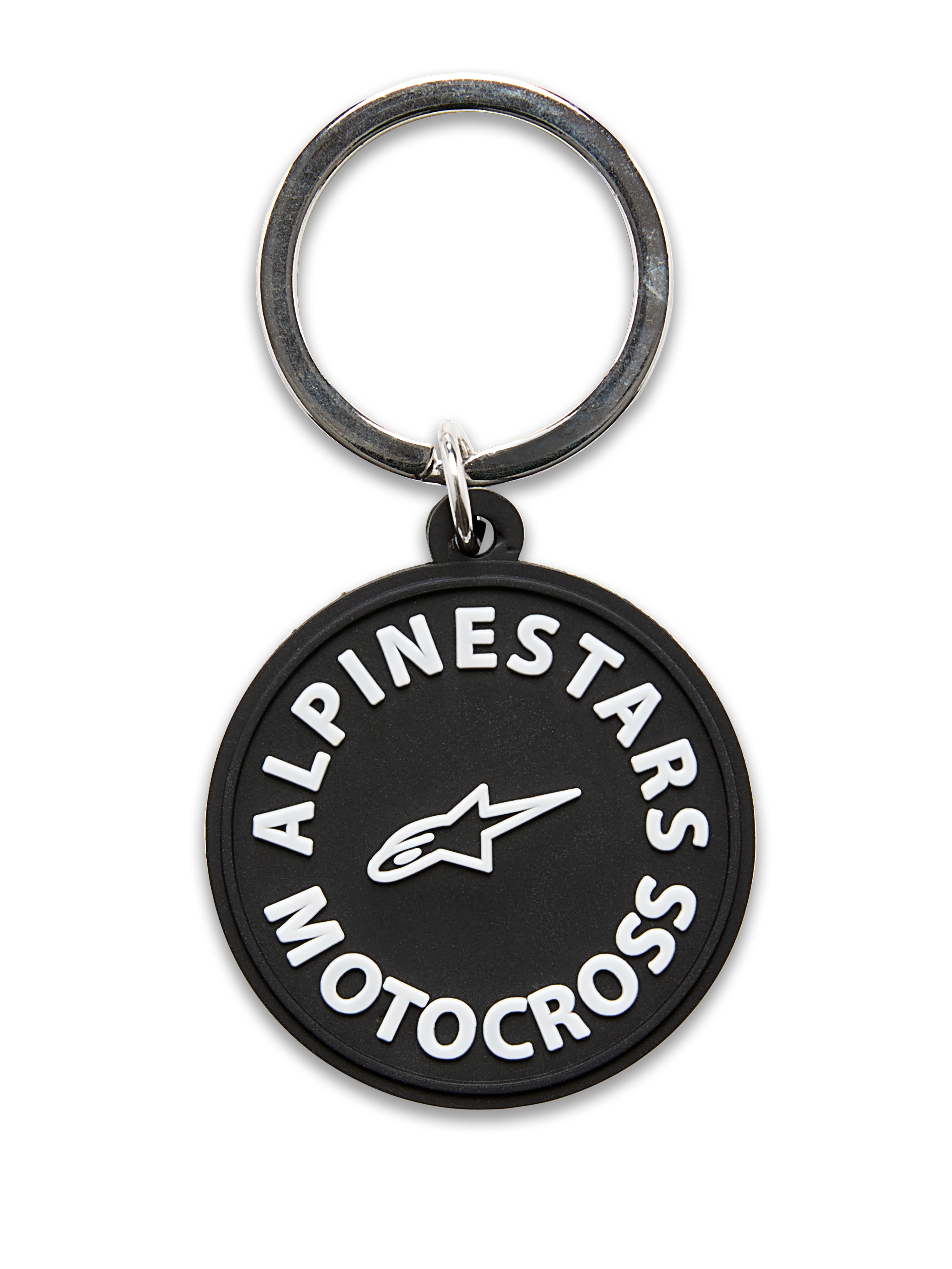 Llavero Alpinestars MX Keyfob, llavero circular moldeado en 3D, negro con gráficos blancos de Alpinestars Motocross y el logo de la estrella, anillo de cierre de metal plateado, accesorio duradero para uso diario