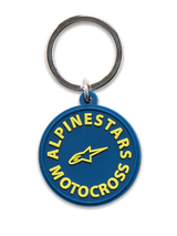 Llavero Alpinestars MX, azul marino y amarillo, diseño circular moldeado en 3D con el texto Alpinestars Motocross y el logotipo de la estrella en amarillo, anillo de cierre de metal plateado, accesorio inspirado en el motociclismo