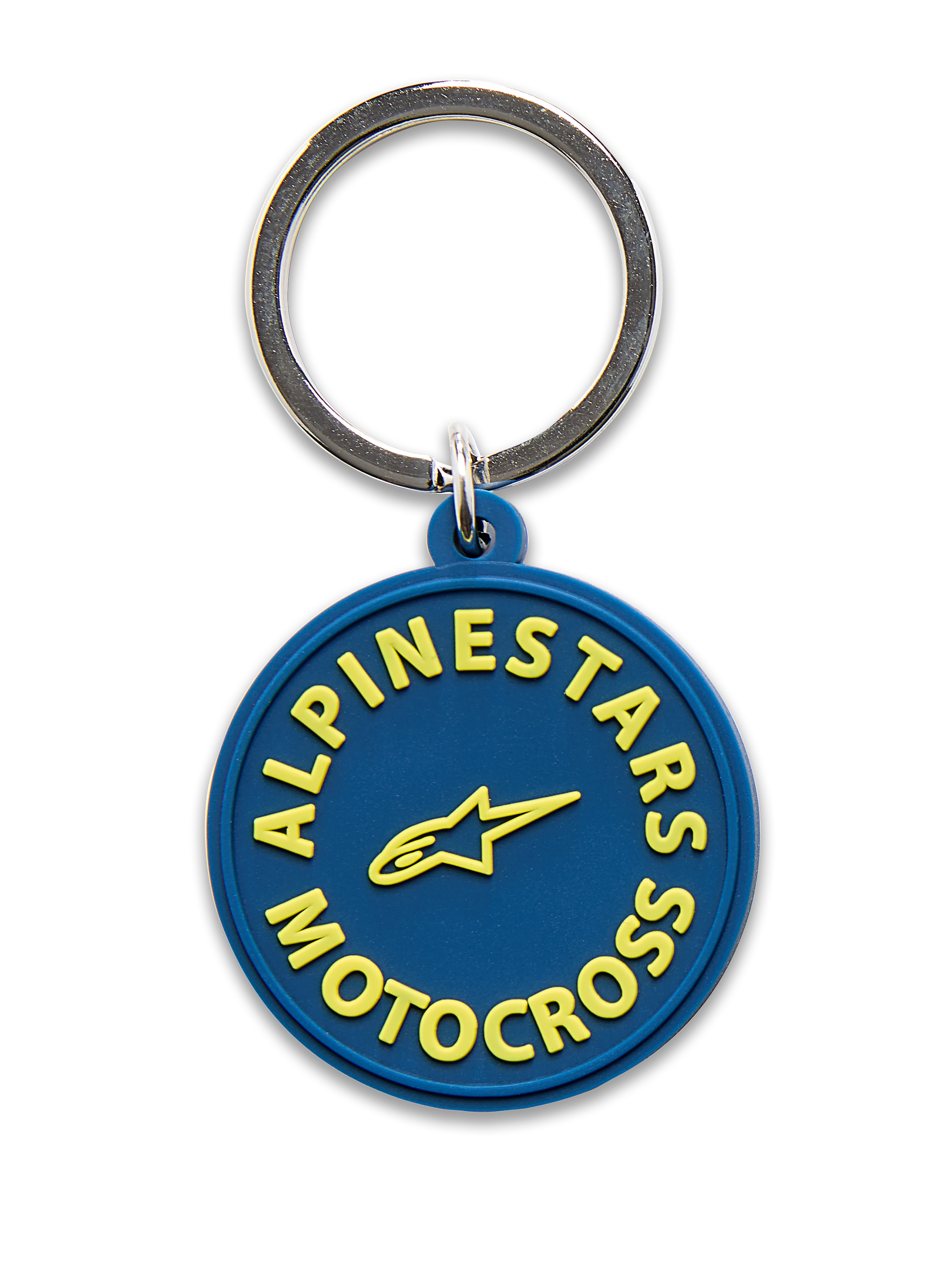 Llavero Alpinestars MX, azul marino y amarillo, diseño circular moldeado en 3D con el texto Alpinestars Motocross y el logotipo de la estrella en amarillo, anillo de cierre de metal plateado, accesorio inspirado en el motociclismo