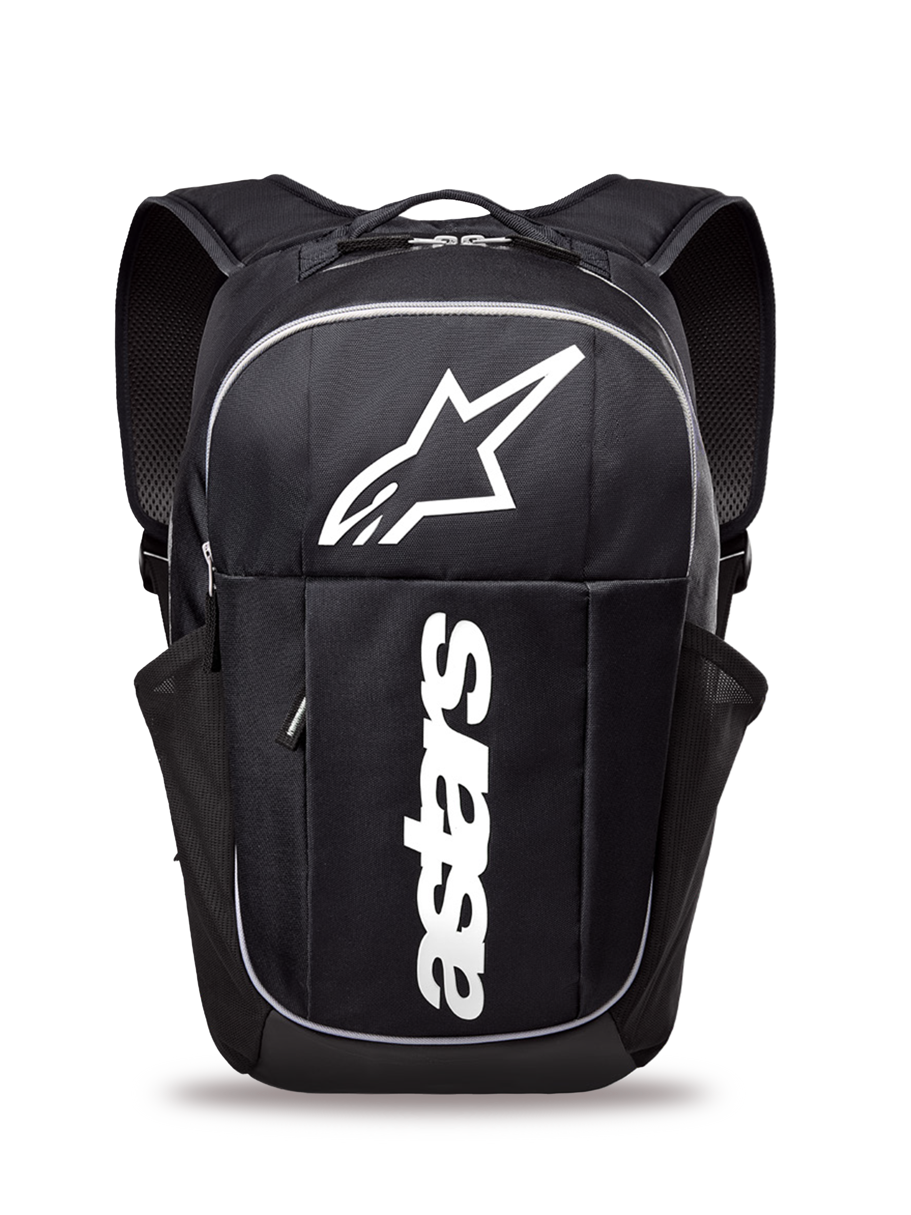 Mochila Alpinestars GFX Boss, mochila diaria de tamaño mediano, negra y blanca, con un gran logotipo blanco de Astars y marca vertical, bolsillos laterales de malla para botellas de agua, correas de hombro acolchadas de malla de aire, construcción duradera para uso casual
