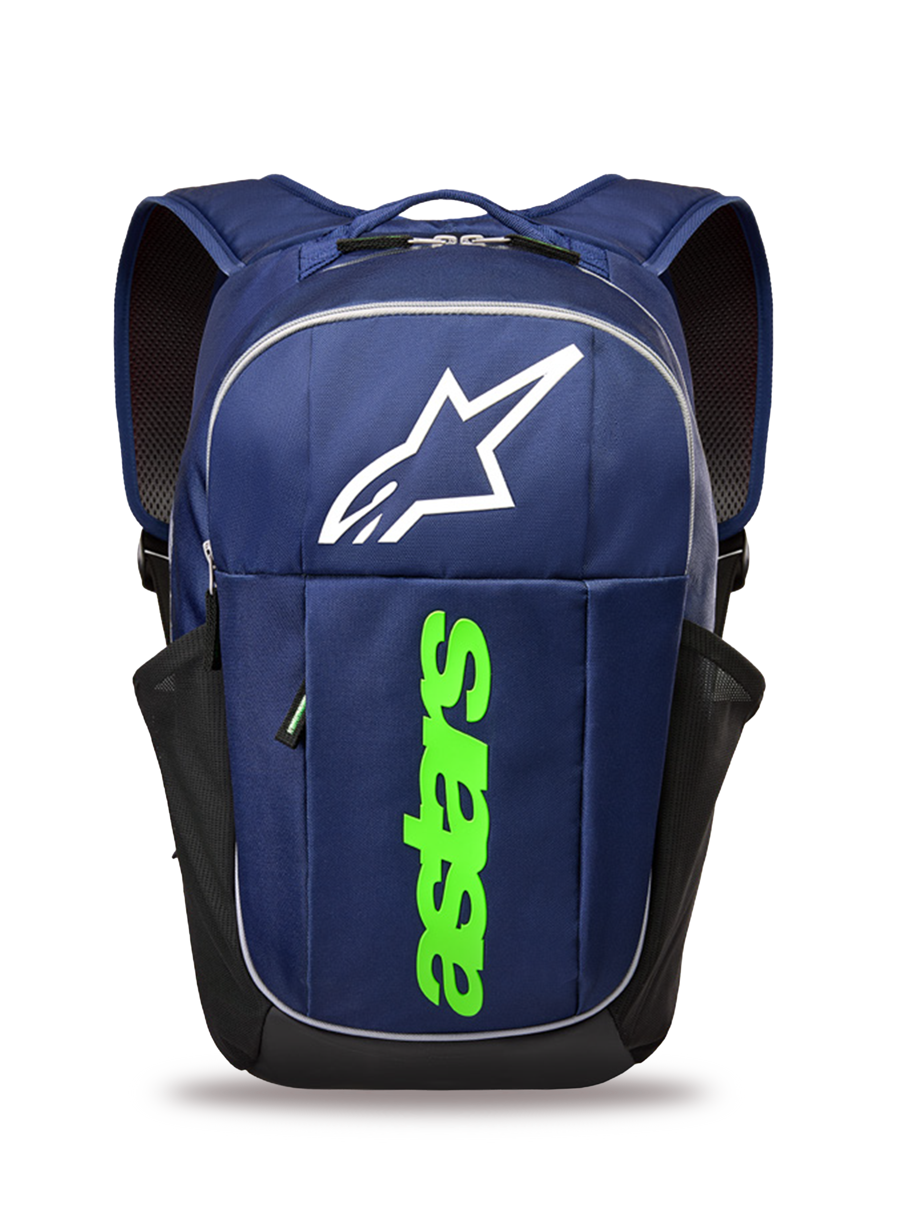 Mochila Alpinestars GFX Boss, mochila casual, azul marino y verde lima, con un gran logotipo blanco de Astars y marca vertical en verde lima, bolsillos laterales de malla para botellas de agua, construcción de poliéster duradero para uso diario