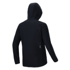 Chaqueta térmica Alpinestars A-Dura, negra, vista trasera, con capucha y manga larga, con un pequeño logotipo blanco de Alpinestars en la parte inferior de la espalda, diseño con aislamiento ligero para el rendimiento en ciclismo de montaña