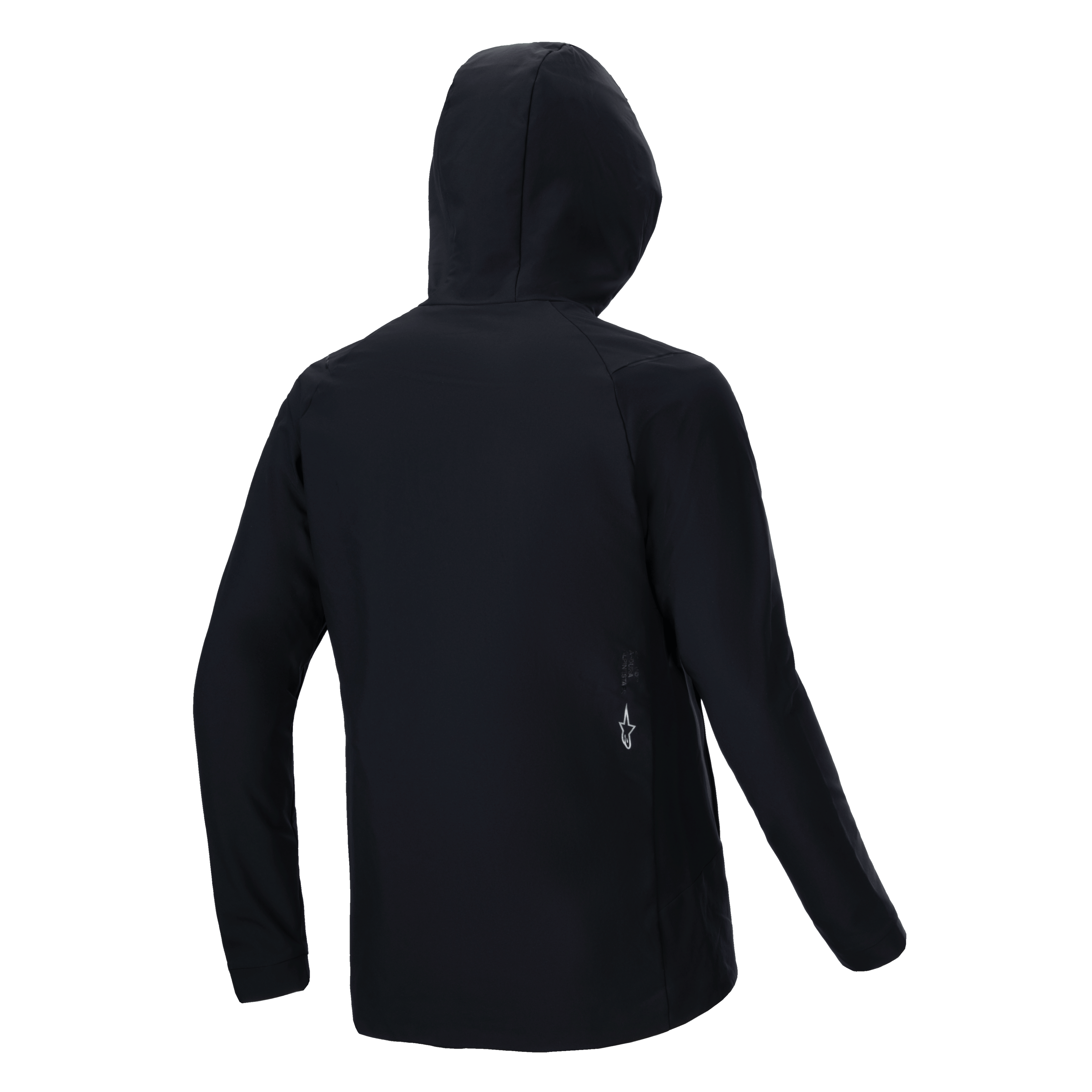 Chaqueta térmica Alpinestars A-Dura, negra, vista trasera, con capucha y manga larga, con un pequeño logotipo blanco de Alpinestars en la parte inferior de la espalda, diseño con aislamiento ligero para el rendimiento en ciclismo de montaña