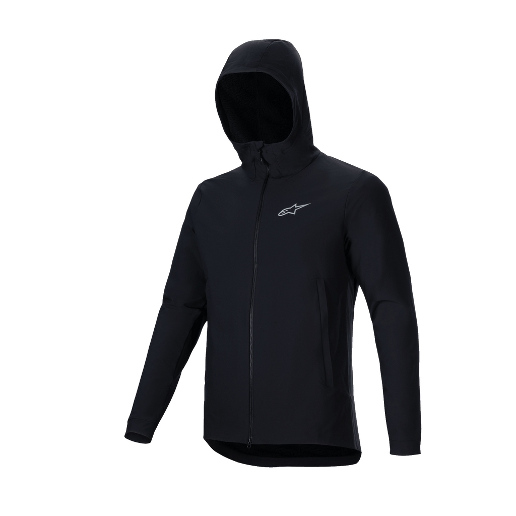 Chaqueta Térmica Alpinestars A-Dura, negra, chaqueta ligera y aislada para ciclismo de montaña, con diseño con capucha, cremallera frontal completa y logotipo plateado reflectante de Astars en el pecho, prenda técnica para ciclismo en climas fríos