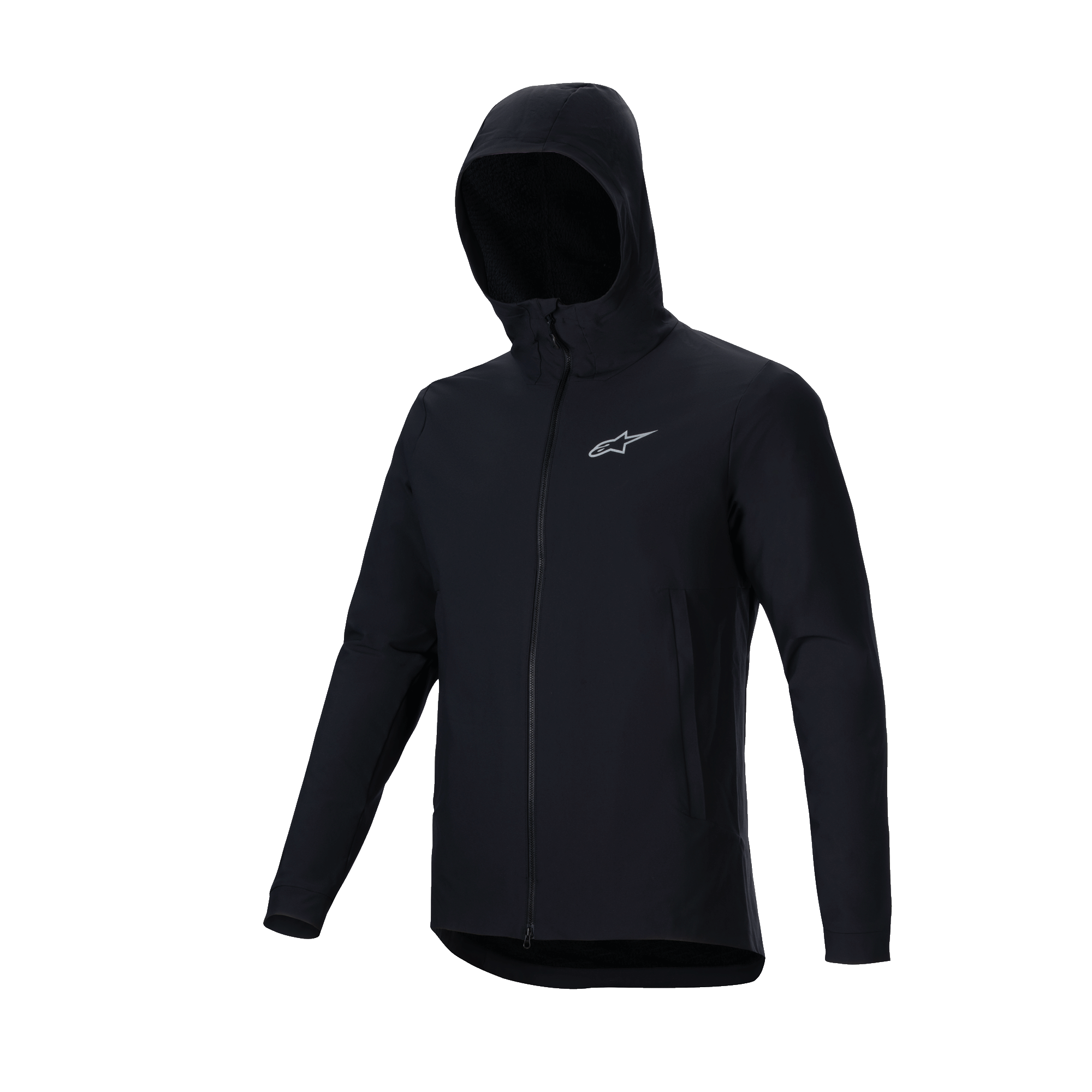 Chaqueta Térmica Alpinestars A-Dura, negra, chaqueta ligera y aislada para ciclismo de montaña, con diseño con capucha, cremallera frontal completa y logotipo plateado reflectante de Astars en el pecho, prenda técnica para ciclismo en climas fríos