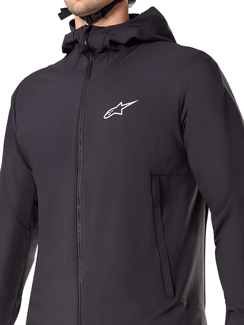 Alpinestars Chaqueta Térmica A-Dura, chaqueta de MTB negra, primer plano del tejido técnico aislante, diseño ligero y transpirable para ciclismo de montaña en climas fríos