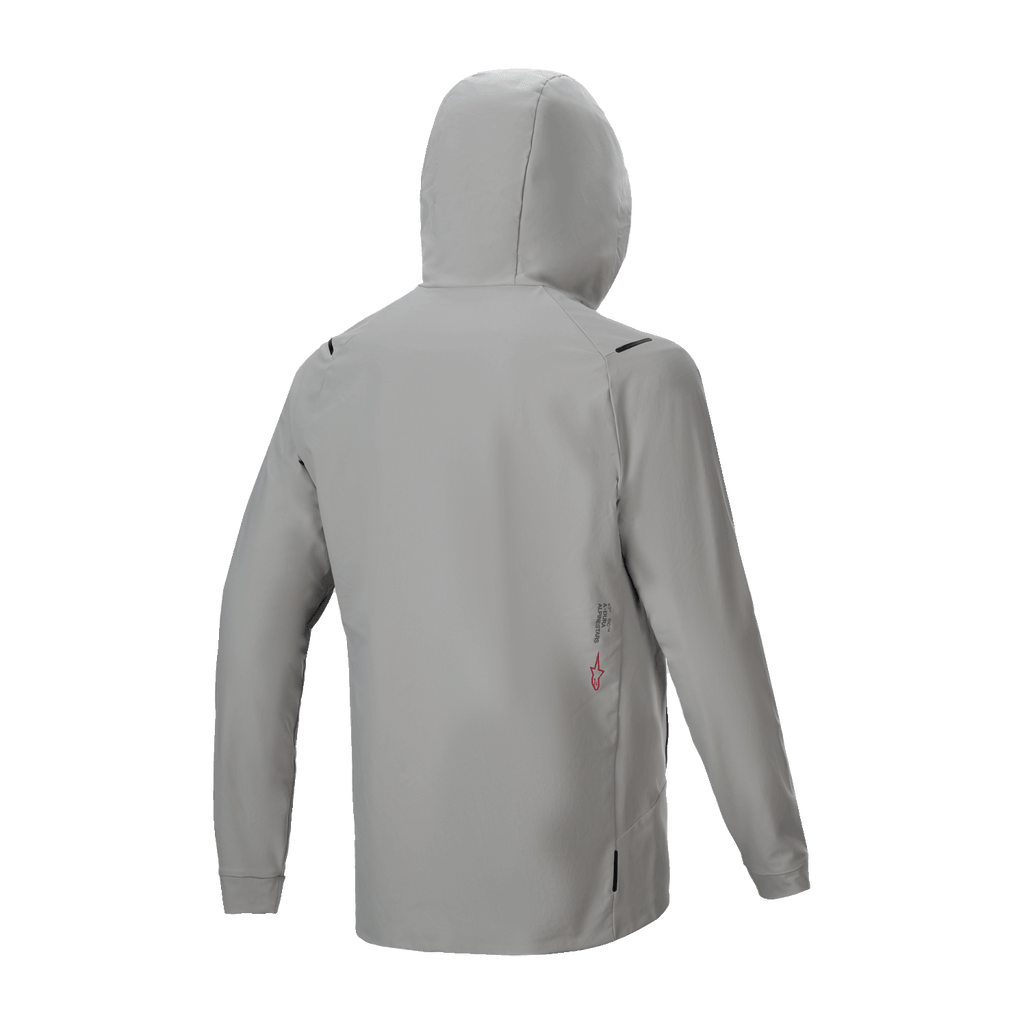 Chaqueta Térmica Alpinestars A-Dura, chaqueta de ciclismo con aislamiento, Gris Titanio, vista trasera con capucha puesta, diseño minimalista con pequeño detalle de logotipo en la parte inferior de la espalda, rendimiento térmico ligero para ciclismo de montaña.