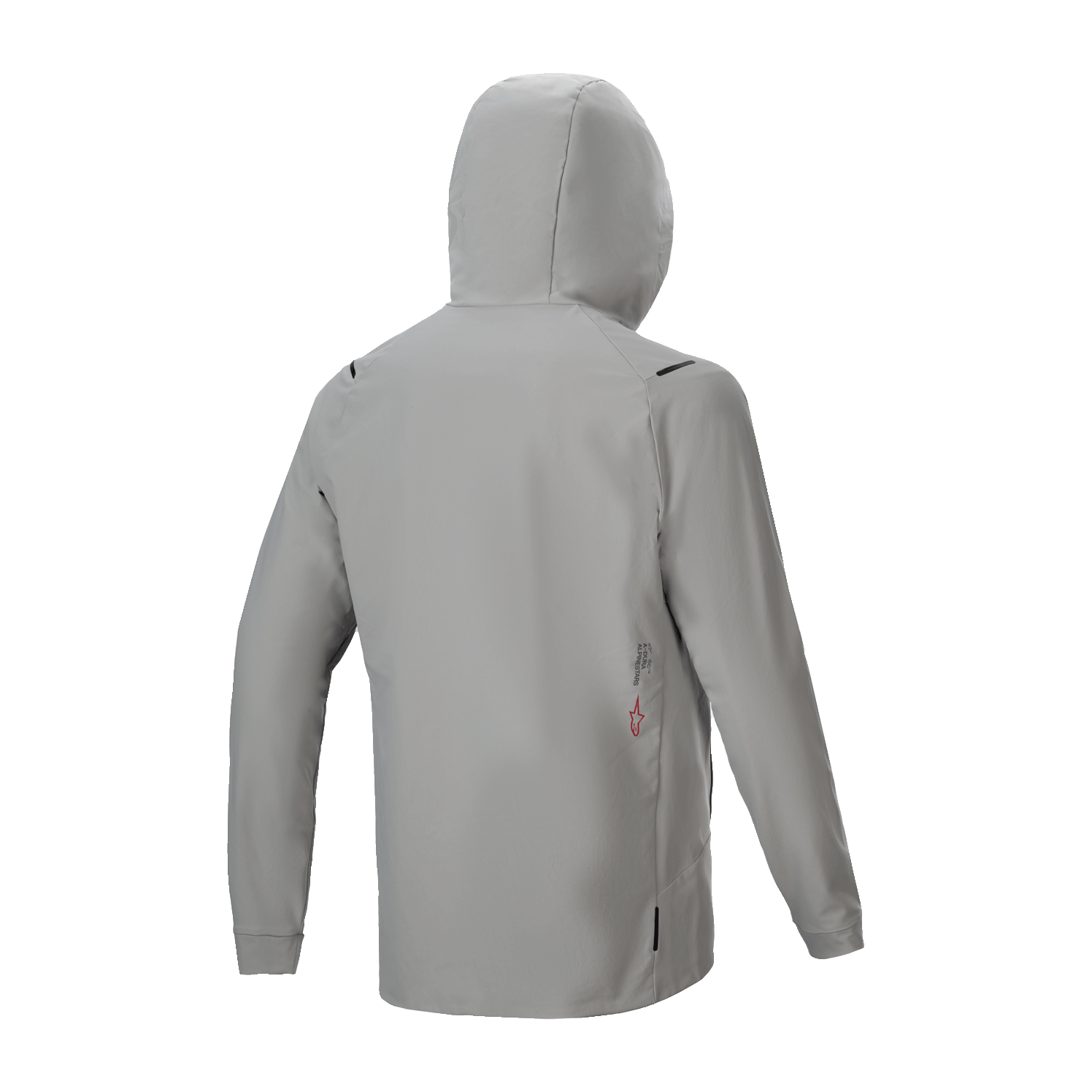 Chaqueta Térmica Alpinestars A-Dura, chaqueta de ciclismo con aislamiento, Gris Titanio, vista trasera con capucha puesta, diseño minimalista con pequeño detalle de logotipo en la parte inferior de la espalda, rendimiento térmico ligero para ciclismo de montaña.