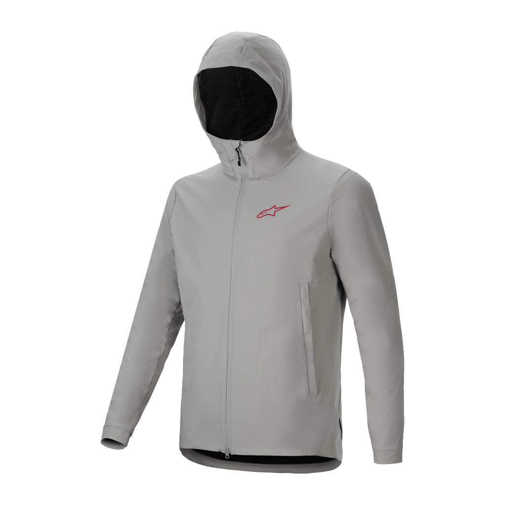 Alpinestars Chaqueta Térmica A-Dura, chaqueta de ciclismo gris titanio con capucha aislante, logotipo rojo en el pecho y cremallera frontal completa, equipamiento técnico de mountain bike para protección contra el frío