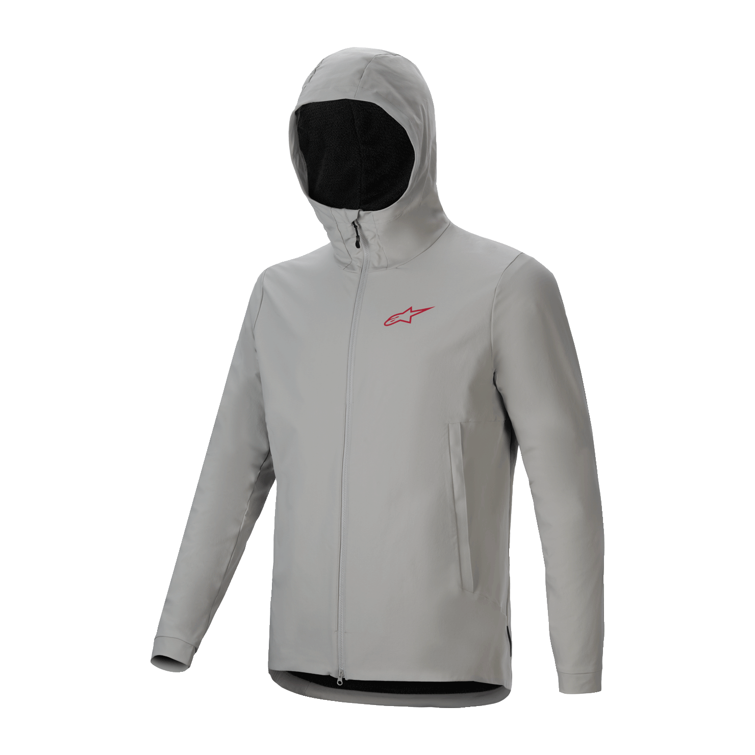 Alpinestars Chaqueta Térmica A-Dura, chaqueta de ciclismo gris titanio con capucha aislante, logotipo rojo en el pecho y cremallera frontal completa, equipamiento técnico de mountain bike para protección contra el frío