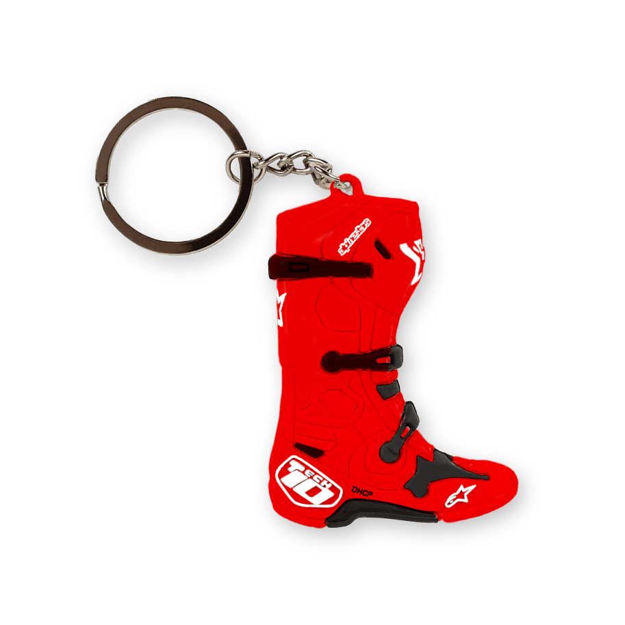Alpinestars Tech 10 Boot Keyfob, llavero de bota de motocross en miniatura 3D, rojo con detalles en negro y blanco, anilla metálica plateada, diseño detallado de bota de competición, accesorio de ropa deportiva de motor