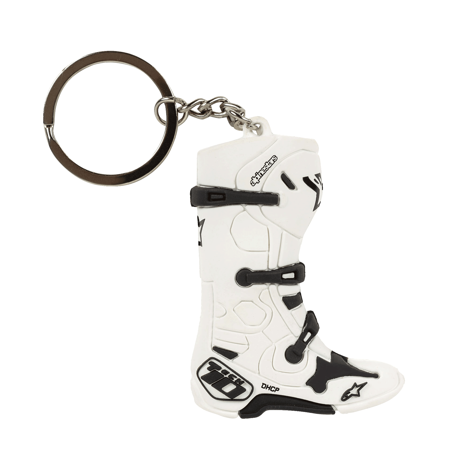 Alpinestars New Tech 10 Boot Keyfob, llavero de bota de motocross en miniatura 3D, blanco y negro, con correas y logotipos detallados, anilla y cadena metálicas, accesorio inspirado en el mundo del motor