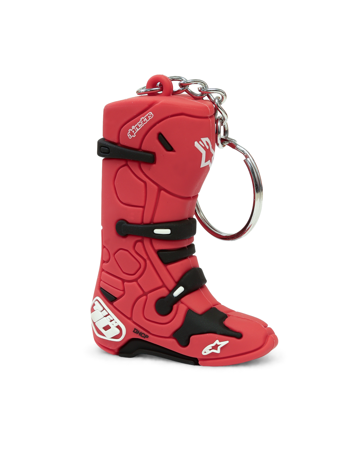 Alpinestars Llavero Tech 10 Boot, llavero para moto, réplica tridimensional de la icónica bota de motocross, rojo con detalles en negro y blanco, construcción de PVC con anillo metálico