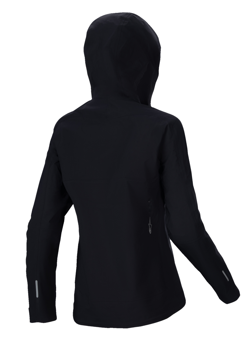 Alpinestars Stella A-Dura Elite Waterproof Jacket, chaqueta de lluvia de MTB para mujer, negra, vista trasera con la capucha sobre el casco, detalles reflectantes en las mangas y la parte inferior de la espalda, tejido ripstop duradero para ciclismo de montaña en cualquier clima