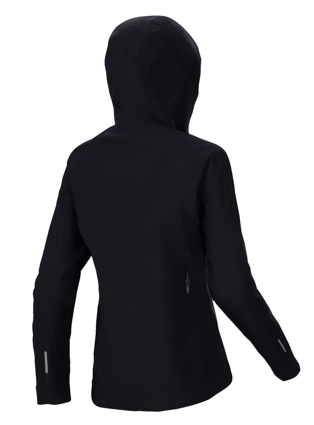 Alpinestars Stella A-Dura Elite Waterproof Jacket, chaqueta de lluvia de MTB para mujer, negra, vista trasera con la capucha sobre el casco, detalles reflectantes en las mangas y la parte inferior de la espalda, tejido ripstop duradero para ciclismo de montaña en cualquier clima