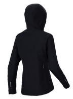 Alpinestars Stella A-Dura Elite Waterproof Jacket, chaqueta de lluvia de MTB para mujer, negra, vista trasera con la capucha sobre el casco, detalles reflectantes en las mangas y la parte inferior de la espalda, tejido ripstop duradero para ciclismo de montaña en cualquier clima