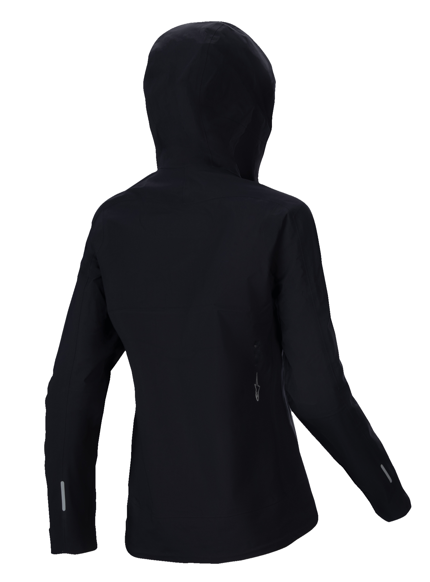 Alpinestars Stella A-Dura Elite Waterproof Jacket, chaqueta de lluvia de MTB para mujer, negra, vista trasera con la capucha sobre el casco, detalles reflectantes en las mangas y la parte inferior de la espalda, tejido ripstop duradero para ciclismo de montaña en cualquier clima