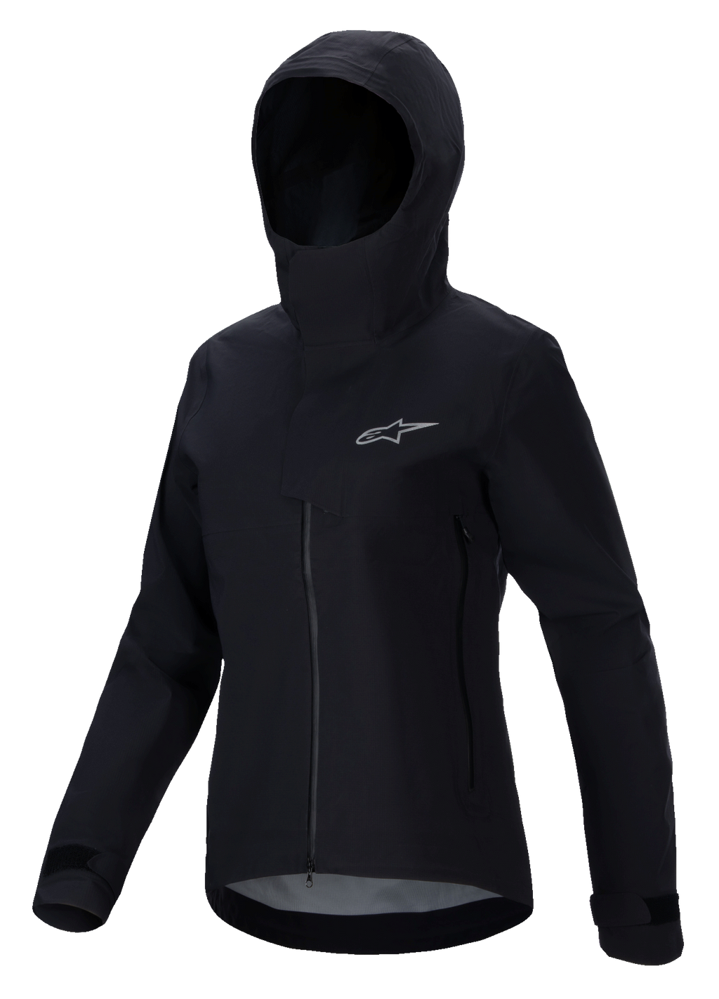 Alpinestars Stella A-Dura Elite Waterproof Jacket, chaqueta de MTB para mujer, negra, con diseño de capucha y solapa protectora, cremallera frontal, bolsillos con cremallera y puños ajustables con velcro, tejido técnico impermeable con logotipo plateado en el pecho