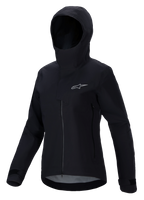 Alpinestars Stella A-Dura Elite Waterproof Jacket, chaqueta de MTB para mujer, negra, con diseño de capucha y solapa protectora, cremallera frontal, bolsillos con cremallera y puños ajustables con velcro, tejido técnico impermeable con logotipo plateado en el pecho