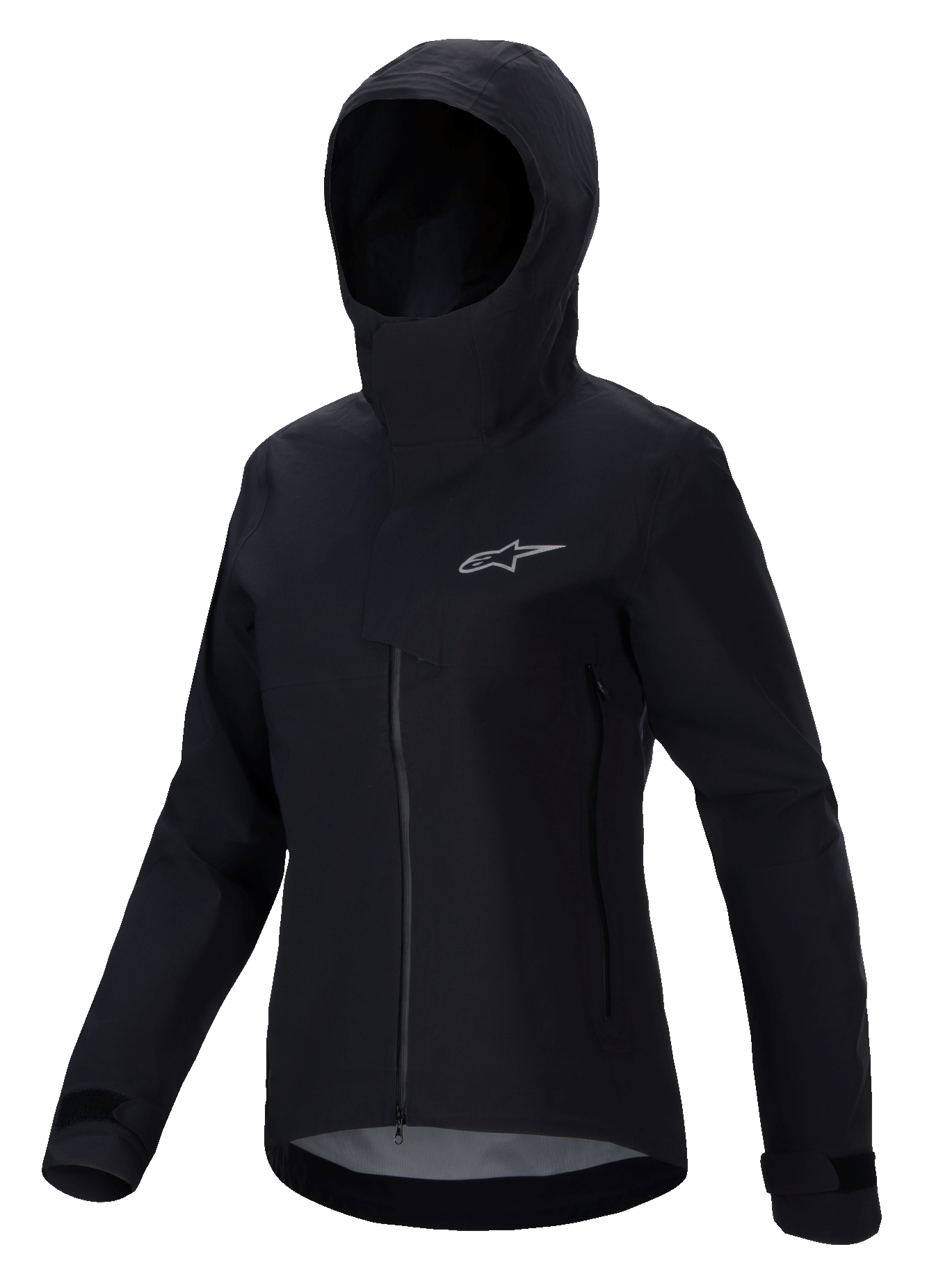Alpinestars Stella A-Dura Elite Waterproof Jacket, chaqueta de MTB para mujer, negra, con diseño de capucha y solapa protectora, cremallera frontal, bolsillos con cremallera y puños ajustables con velcro, tejido técnico impermeable con logotipo plateado en el pecho