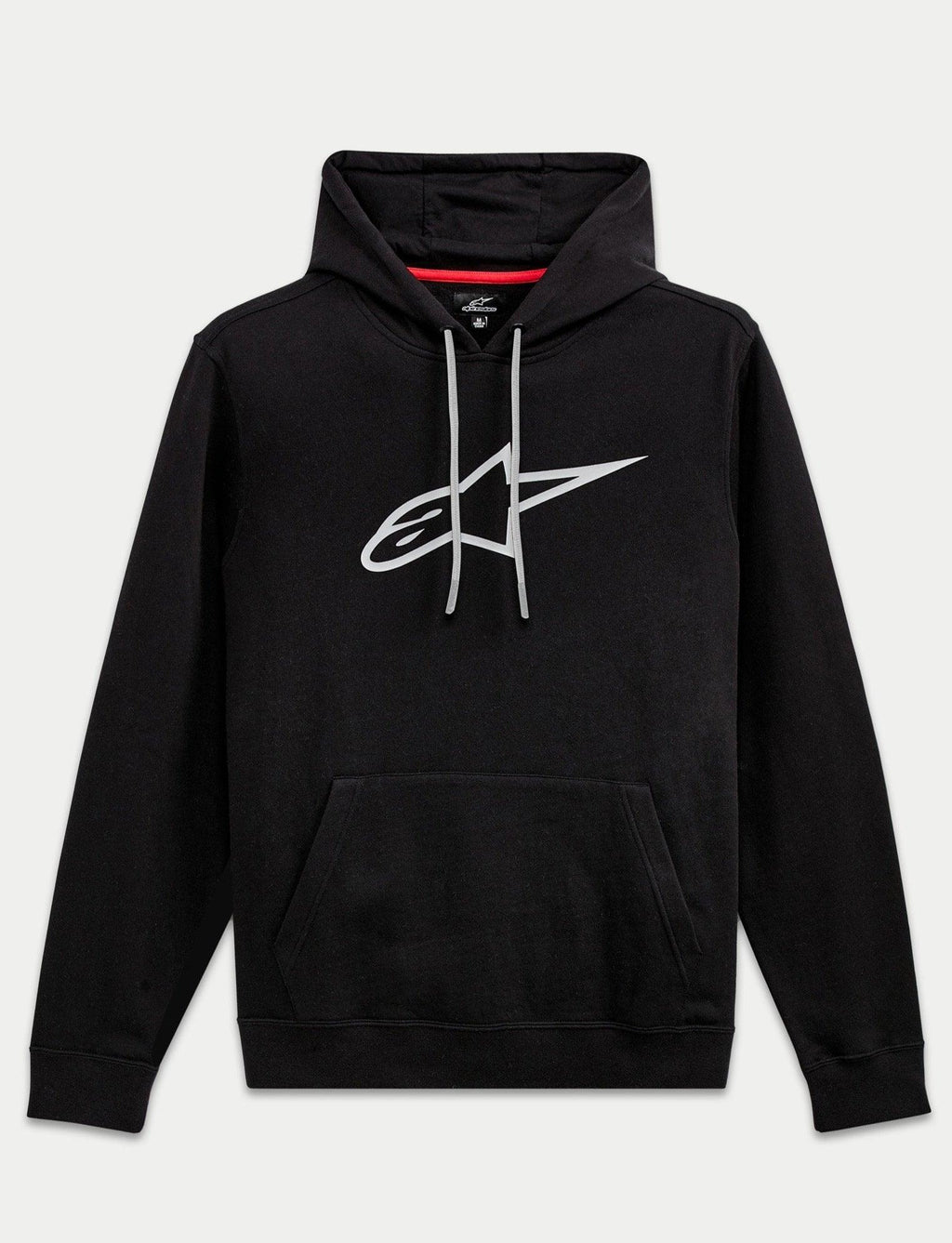 Alpinestars Ageless V3 Hoodie, sudadera de estilo casual, negra con gran logotipo de estrella bordado en gris, capucha con cordones grises, bolsillo tipo canguro, manga larga, diseño moderno inspirado en el automovilismo