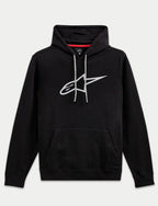 Alpinestars Ageless V3 Hoodie, sudadera de estilo casual, negra con gran logotipo de estrella bordado en gris, capucha con cordones grises, bolsillo tipo canguro, manga larga, diseño moderno inspirado en el automovilismo